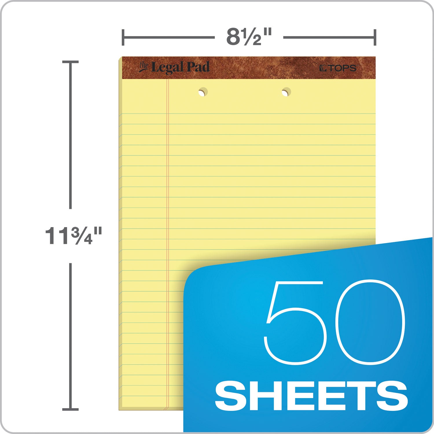 TOPS™ "The Legal Pad" Ruled Perforated Pads, Wide/Legal Rule, 50 Canary-Yellow 8.5 x 11.75 Sheets, Dozen