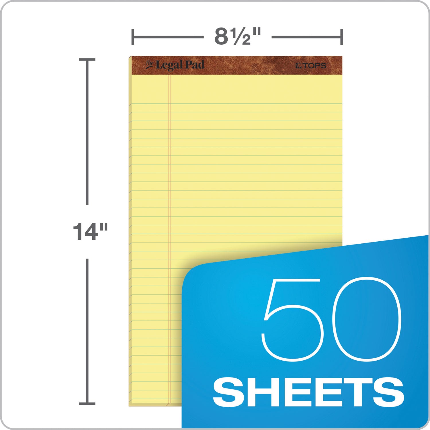 TOPS™ "The Legal Pad" Plus Ruled Perforated Pads with 40 pt. Back, Wide/Legal Rule, 50 Canary-Yellow 8.5 x 14 Sheets, Dozen