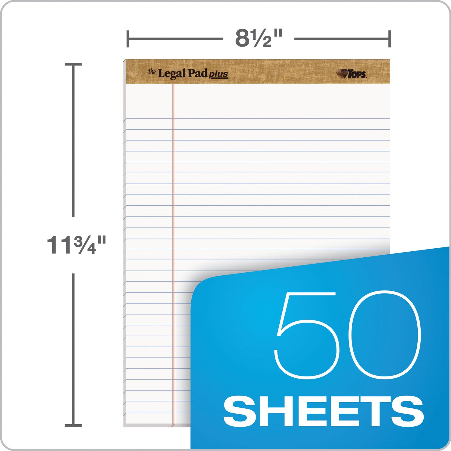 TOPS™ "The Legal Pad" Plus Ruled Perforated Pads with 40 pt. Back, Wide/Legal Rule, 50 White 8.5 x 11.75 Sheets, Dozen