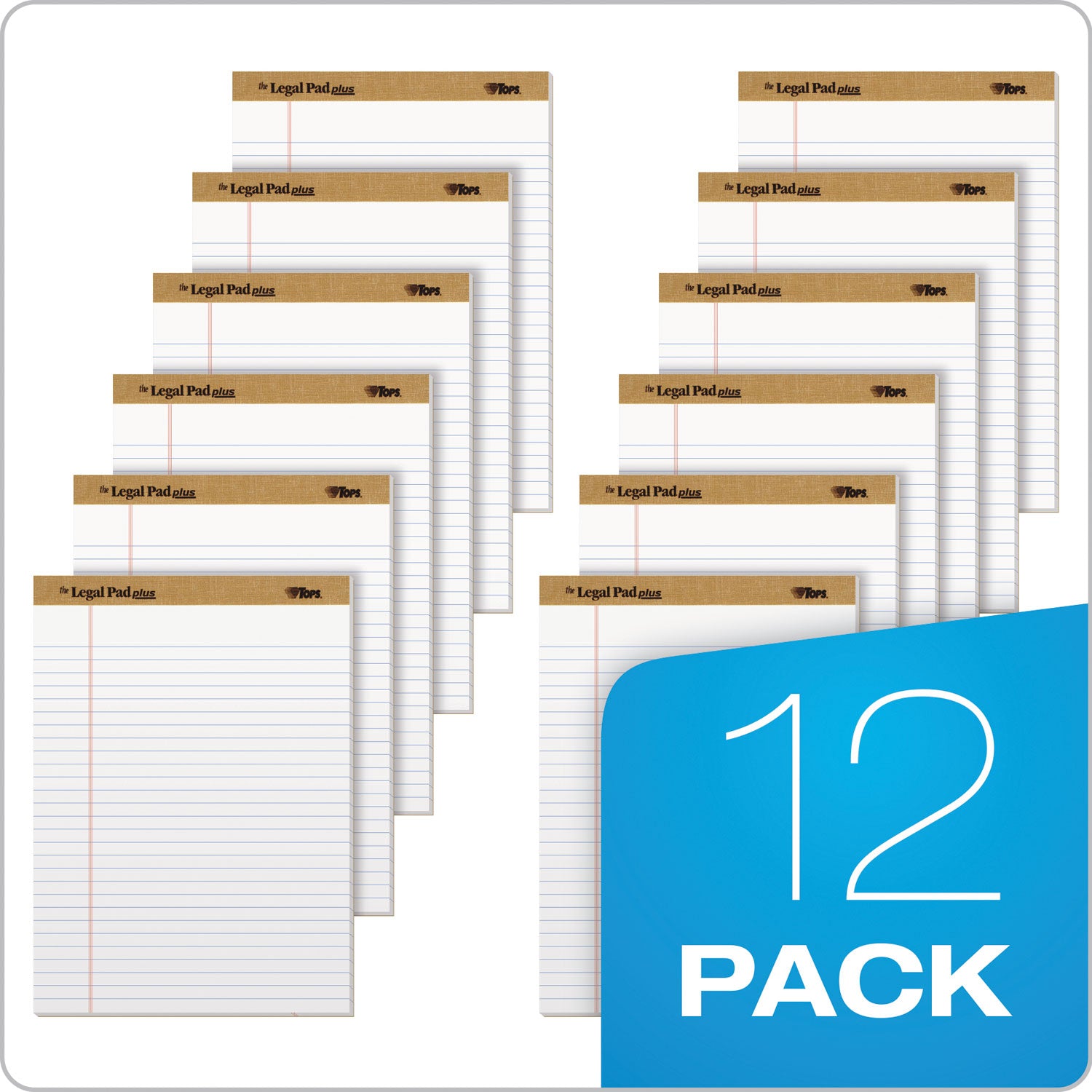 TOPS™ "The Legal Pad" Plus Ruled Perforated Pads with 40 pt. Back, Wide/Legal Rule, 50 White 8.5 x 11.75 Sheets, Dozen