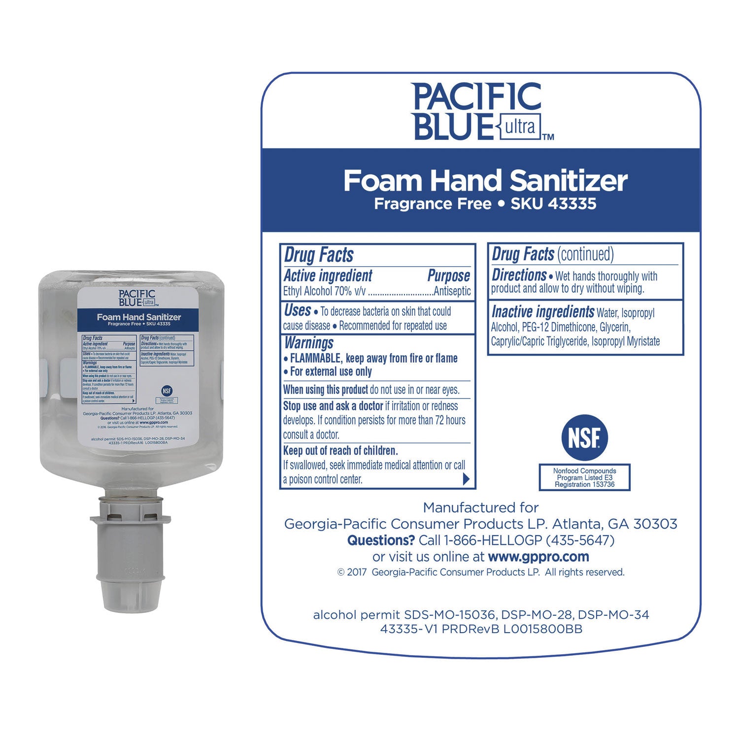 Georgia Pacific® Professional Pacific Blue Ultra Foam Hand Sanitizer Refill For Manual Dispensers, 1,000 mL, Fragrance-Free, 4/Carton