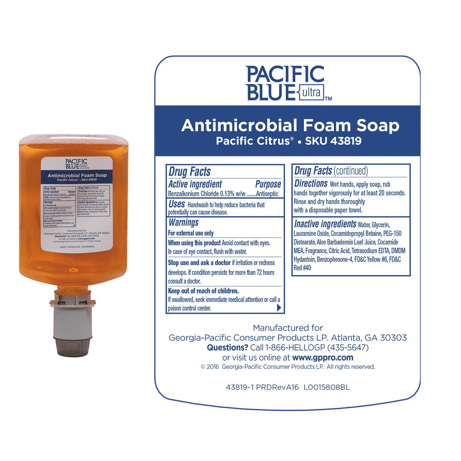 Georgia Pacific® Professional Pacific Blue Ultra Foam Soap Manual Dispenser Refill, Antimicrobial, Pacific Citrus, 1,200 mL, 4/Carton