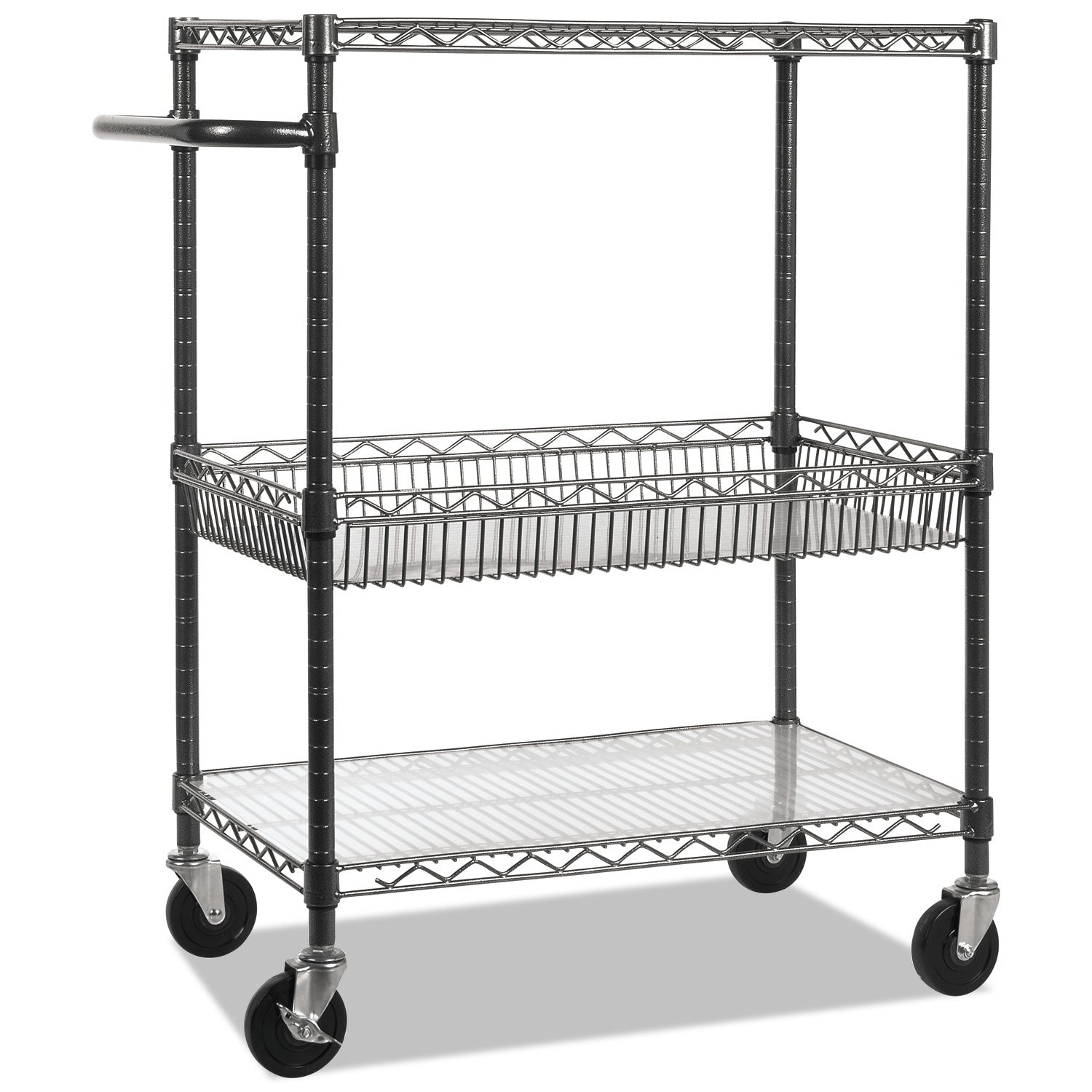 Alera® Three-Tier Wire Cart with Basket, Metal, 2 Shelves, 1 Bin, 500 lb Capacity, 34" x 18" x 40", Black Anthracite