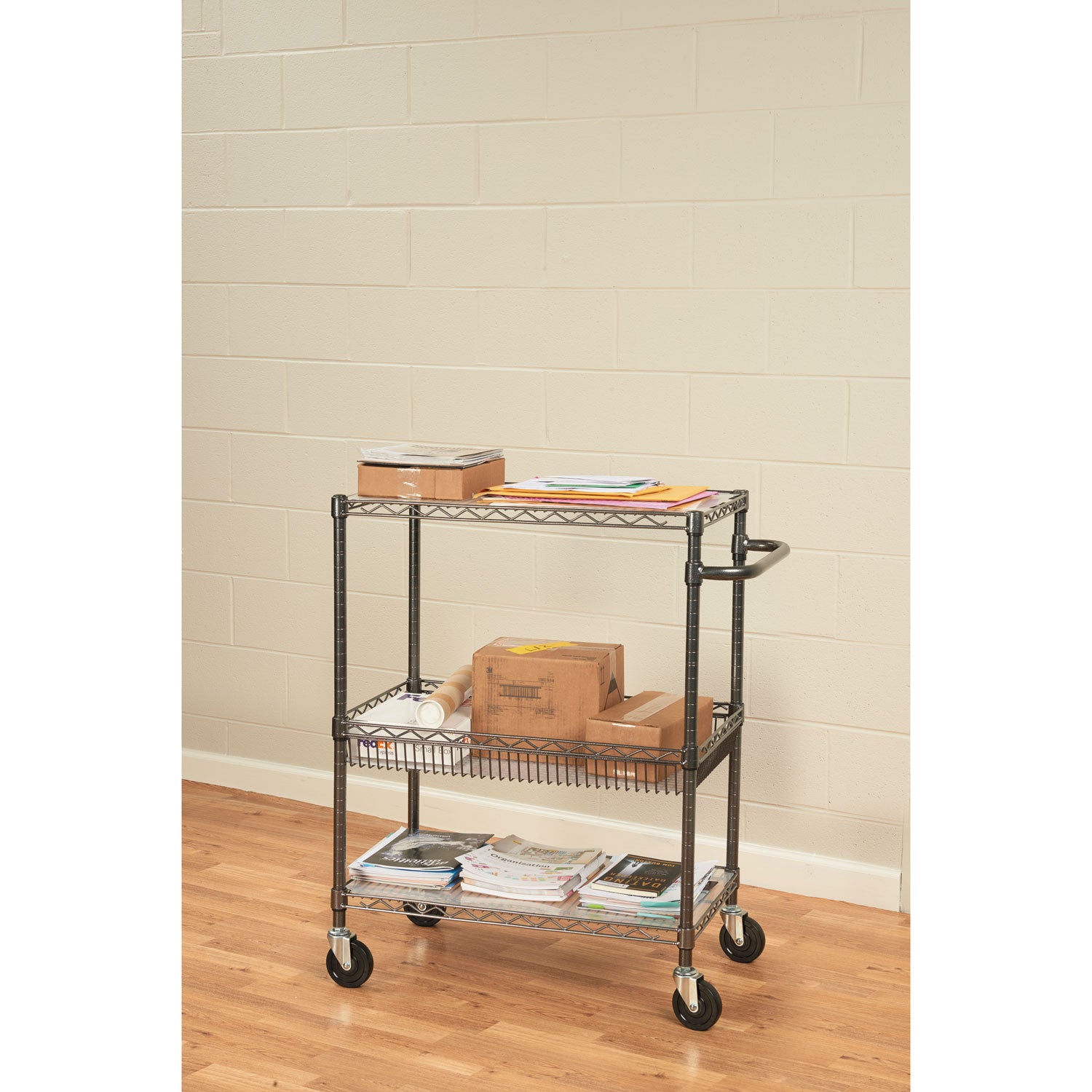 Alera® Three-Tier Wire Cart with Basket, Metal, 2 Shelves, 1 Bin, 500 lb Capacity, 34" x 18" x 40", Black Anthracite