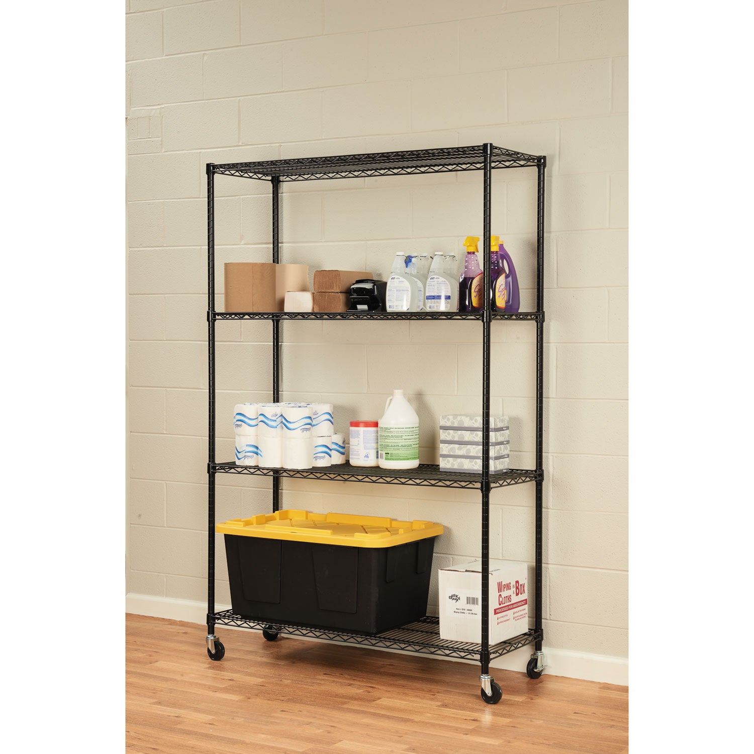 Alera® NSF Certified 4-Shelf Wire Shelving Kit with Casters, 48w x 18d x 72h, Black