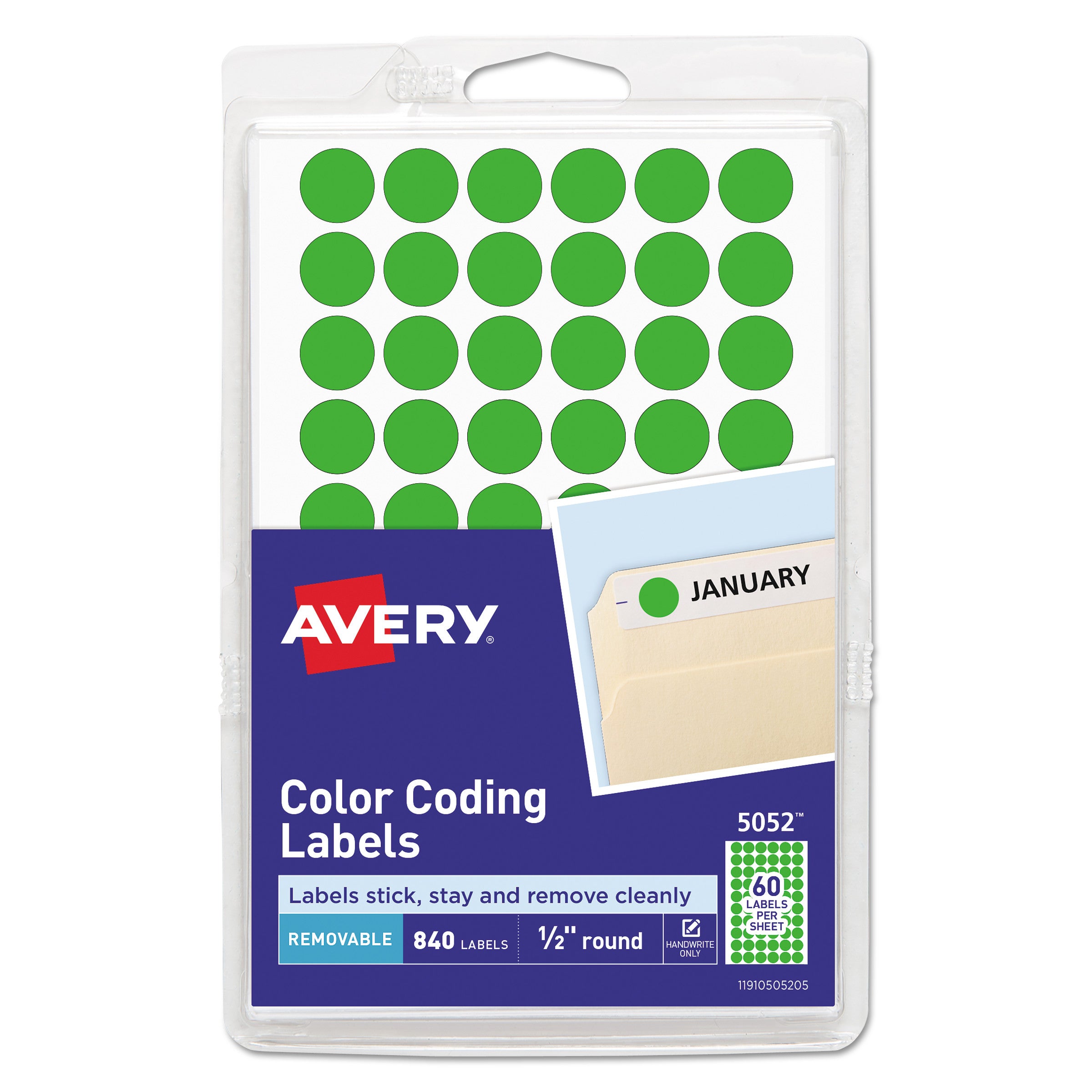 Handwrite Only Self-Adhesive Removable Round Color-Coding Labels, 0.5" dia, Neon Green, 60/Sheet, 14 Sheets/Pack, (5052)