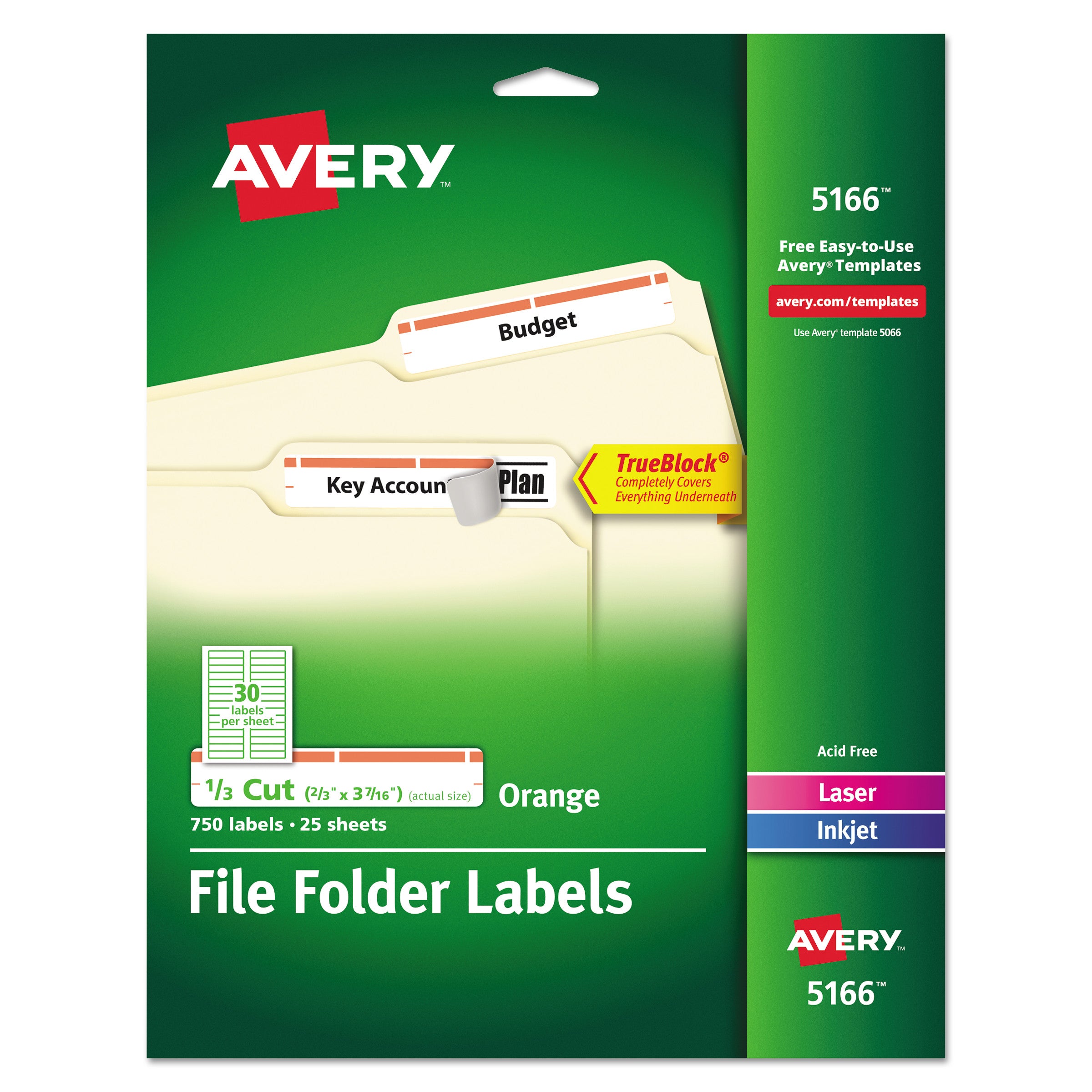 Permanent TrueBlock File Folder Labels with Sure Feed Technology, 0.66 x 3.44, White, 30/Sheet, 25 Sheets/Pack