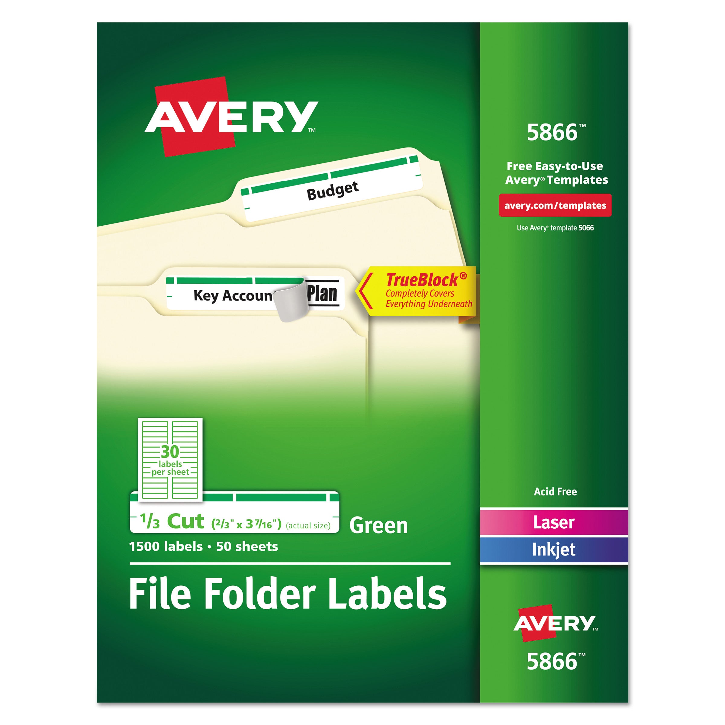 Permanent TrueBlock File Folder Labels with Sure Feed Technology, 0.66 x 3.44, White, 30/Sheet, 50 Sheets/Box