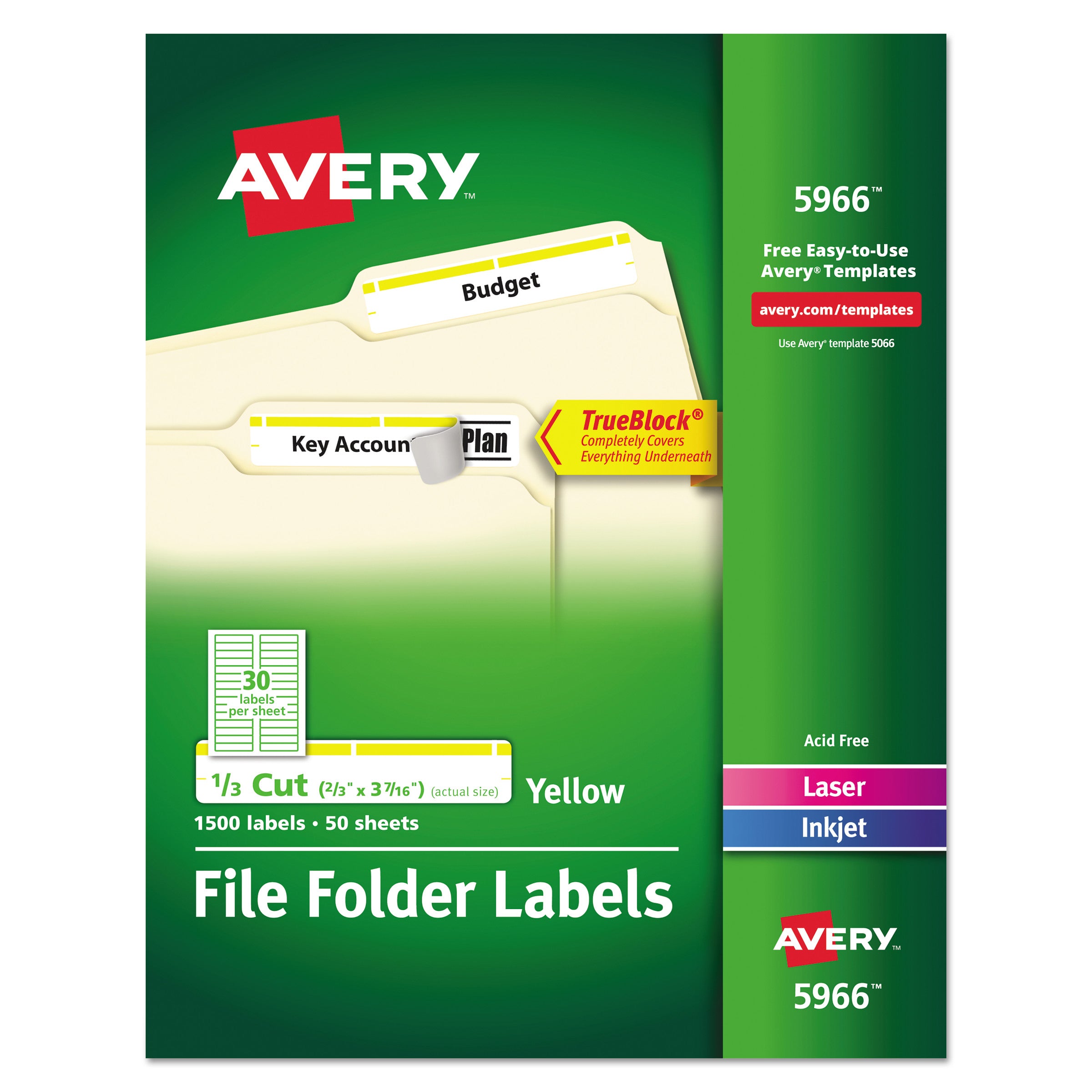 Permanent TrueBlock File Folder Labels with Sure Feed Technology, 0.66 x 3.44, Yellow/White, 30/Sheet, 50 Sheets/Box