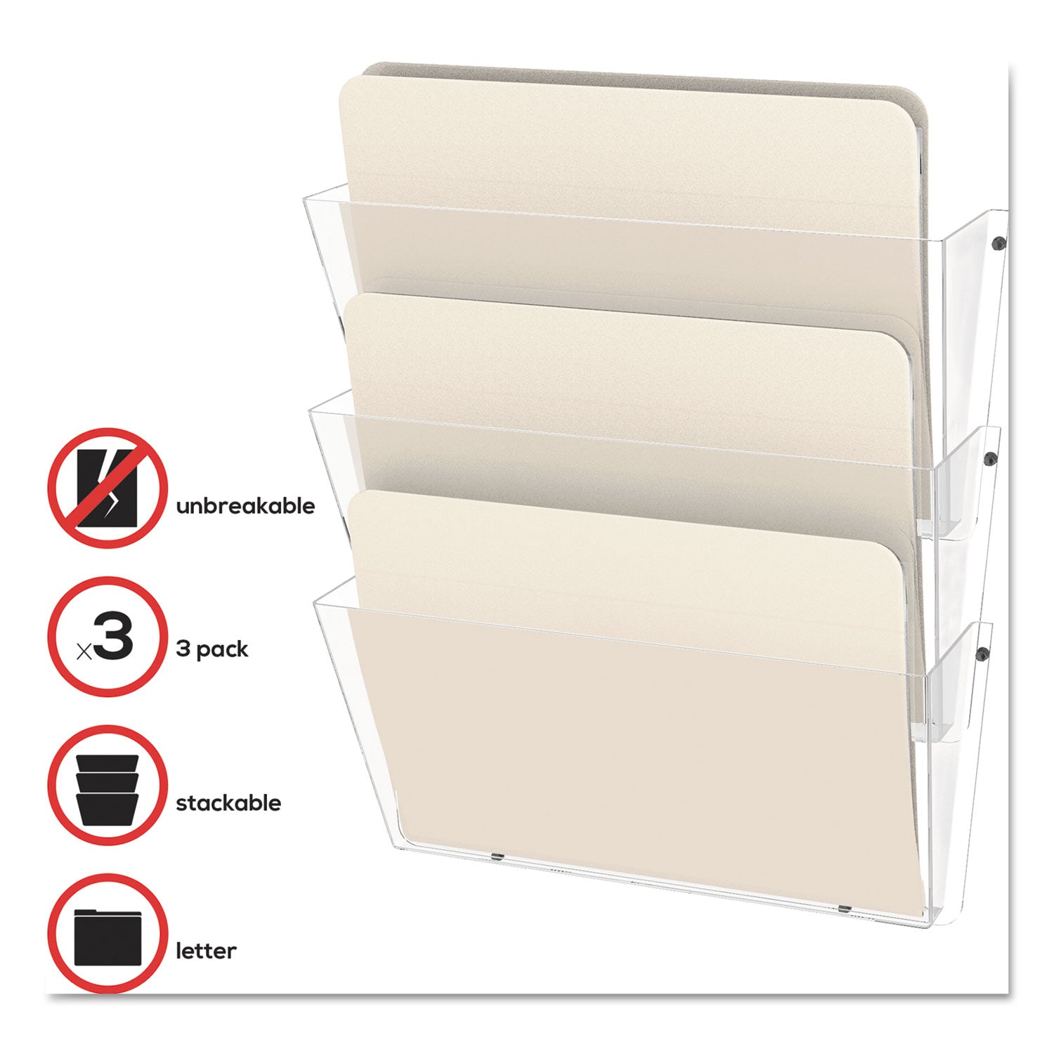 deflecto® Unbreakable DocuPocket Wall File, 3 Sections, Letter Size, 14.5" x 3" x 6.5", Clear, 3/Pack