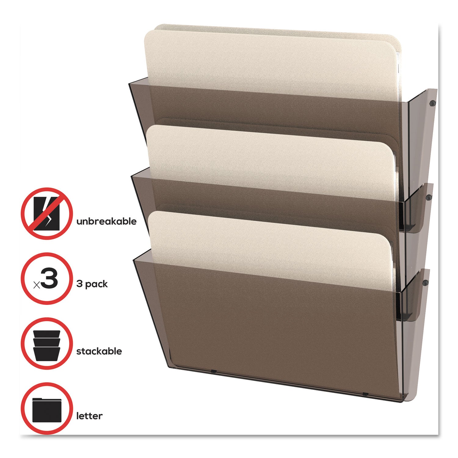 deflecto® Unbreakable DocuPocket Wall File, 3 Sections, Letter Size, 14.5" x 3" x 6.5", Smoke, 3/Pack