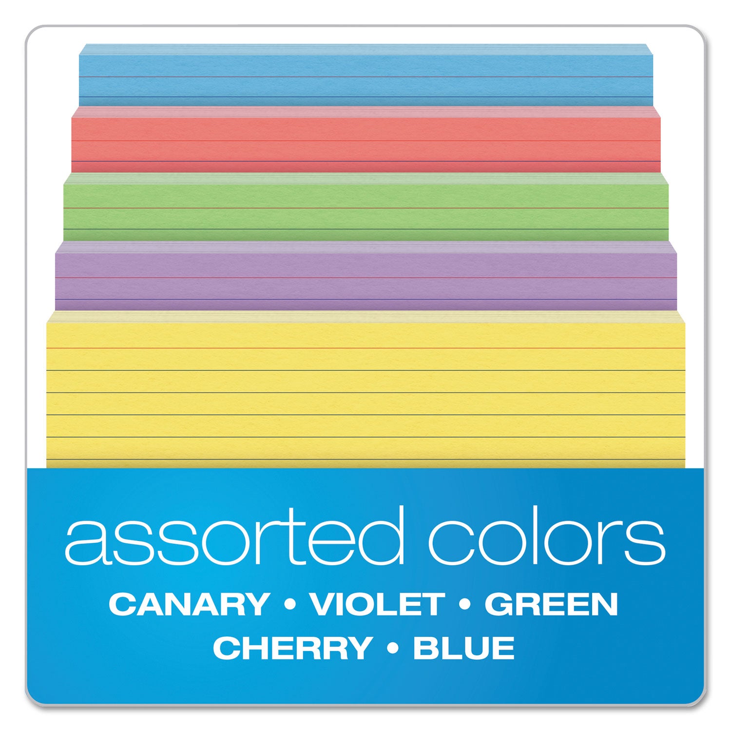 Oxford™ Ruled Index Cards, 5 x 8, Blue/Violet/Canary/Green/Cherry, 100/Pack