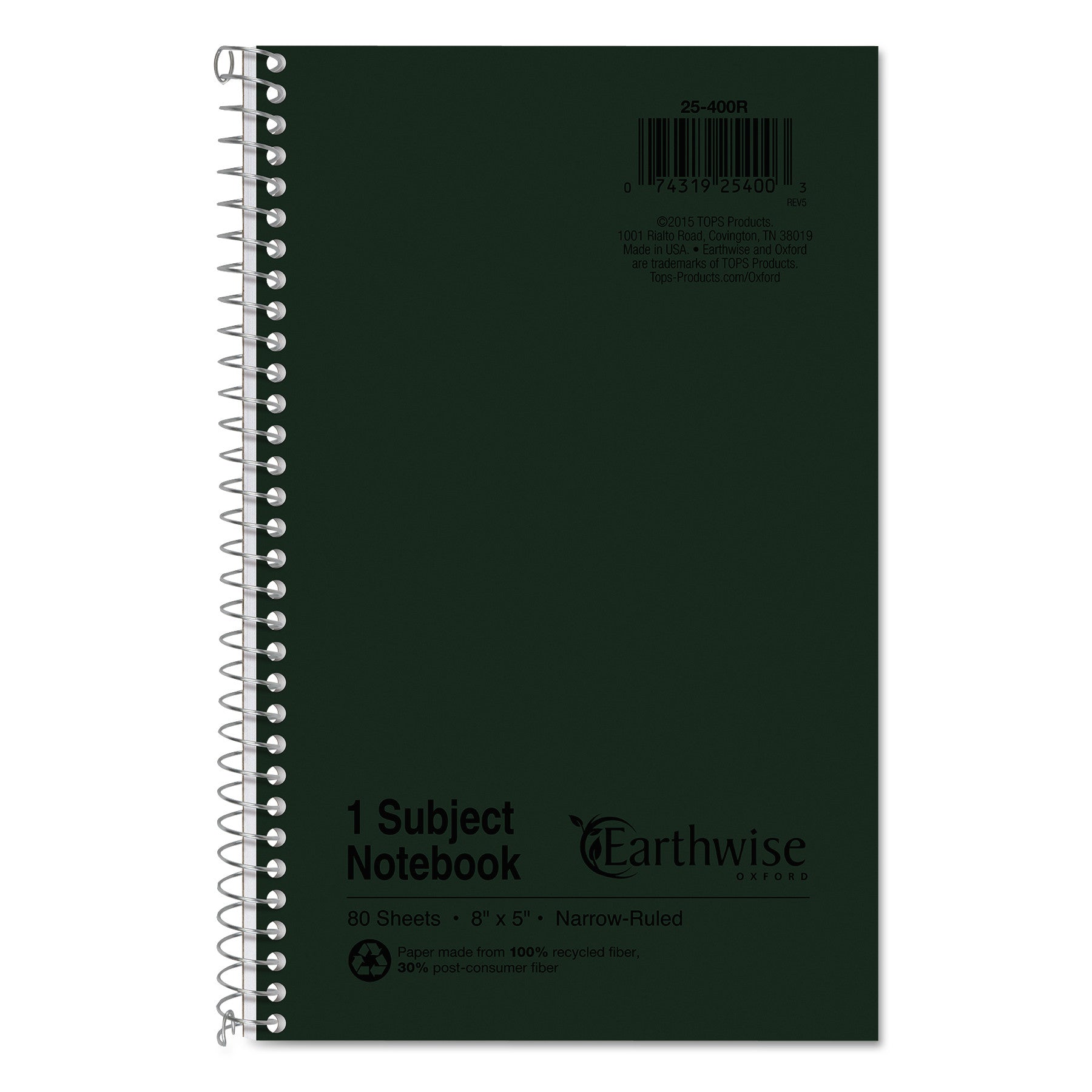 Earthwise by Oxford Recycled One-Subject Notebook, Narrow Rule, Green Cover, (80) 8 x 5 Sheets