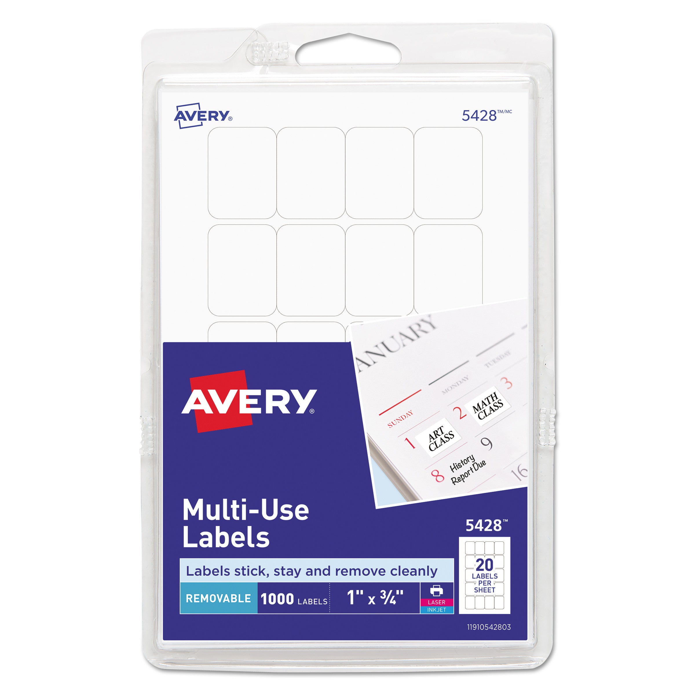 Removable Multi-Use Labels, Inkjet/Laser Printers, 1 x 0.75, White, 20/Sheet, 50 Sheets/Pack, (5428)