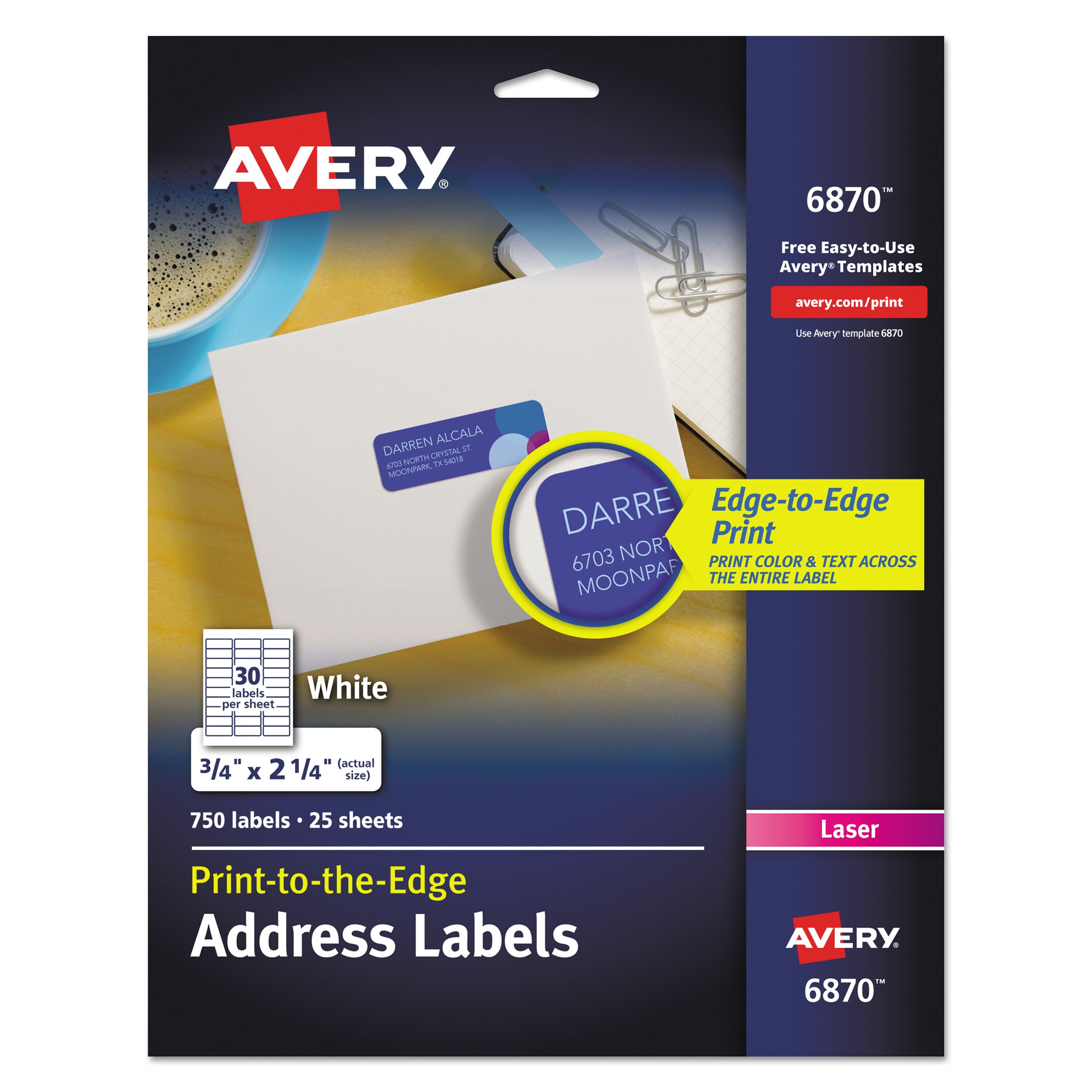 Vibrant Laser Color-Print Labels w/ Sure Feed, 0.75 x 2.25, White, 750/PK