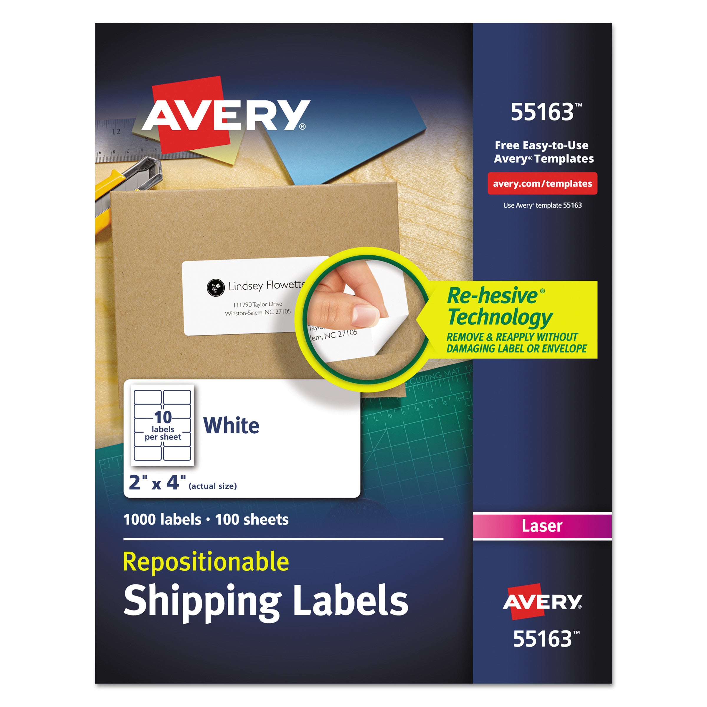 Repositionable Shipping Labels w/Sure Feed, Inkjet/Laser, 2 x 4, White, 1000/Box