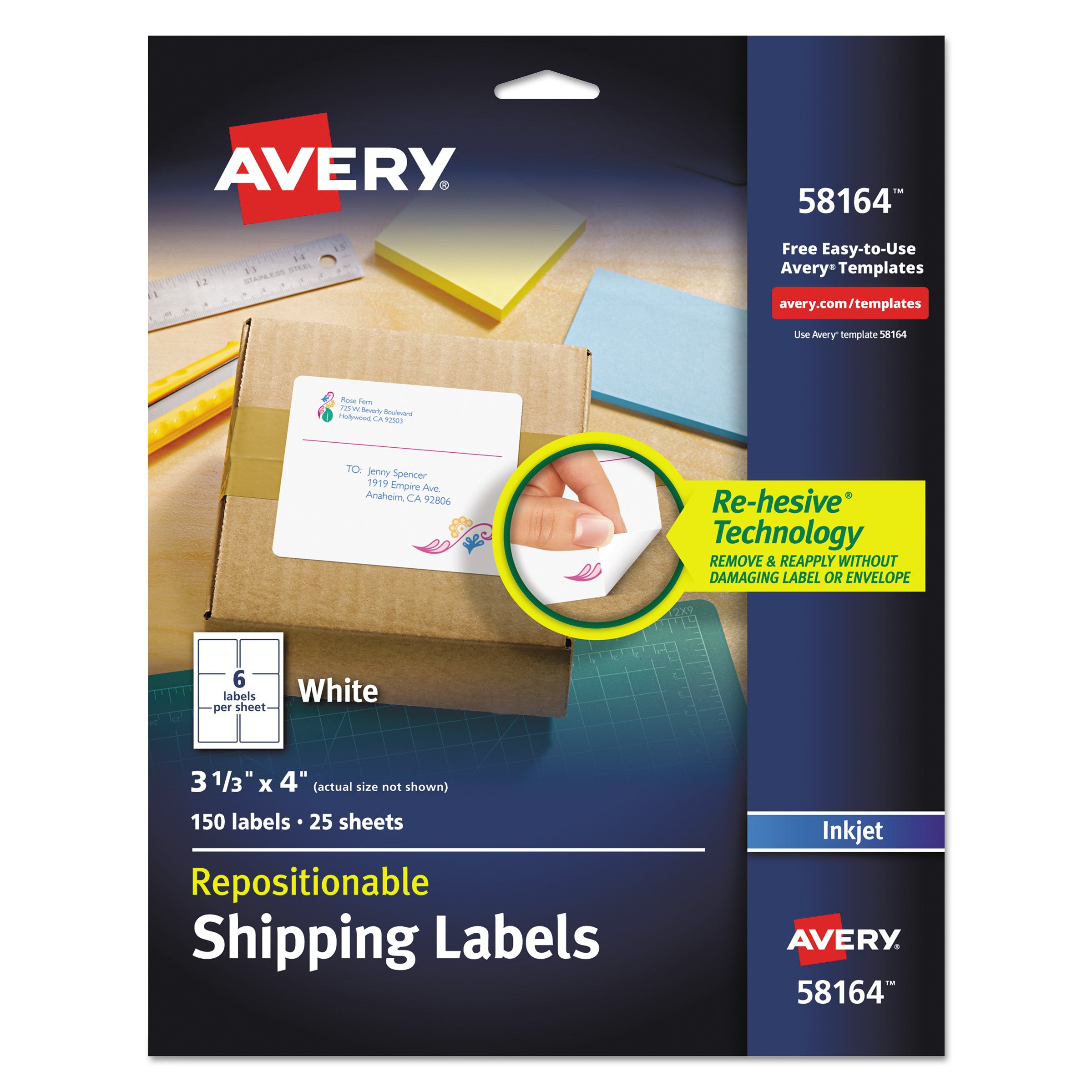 Repositionable Shipping Labels w/SureFeed, Inkjet, 3.33 x 4, White, 150/Box