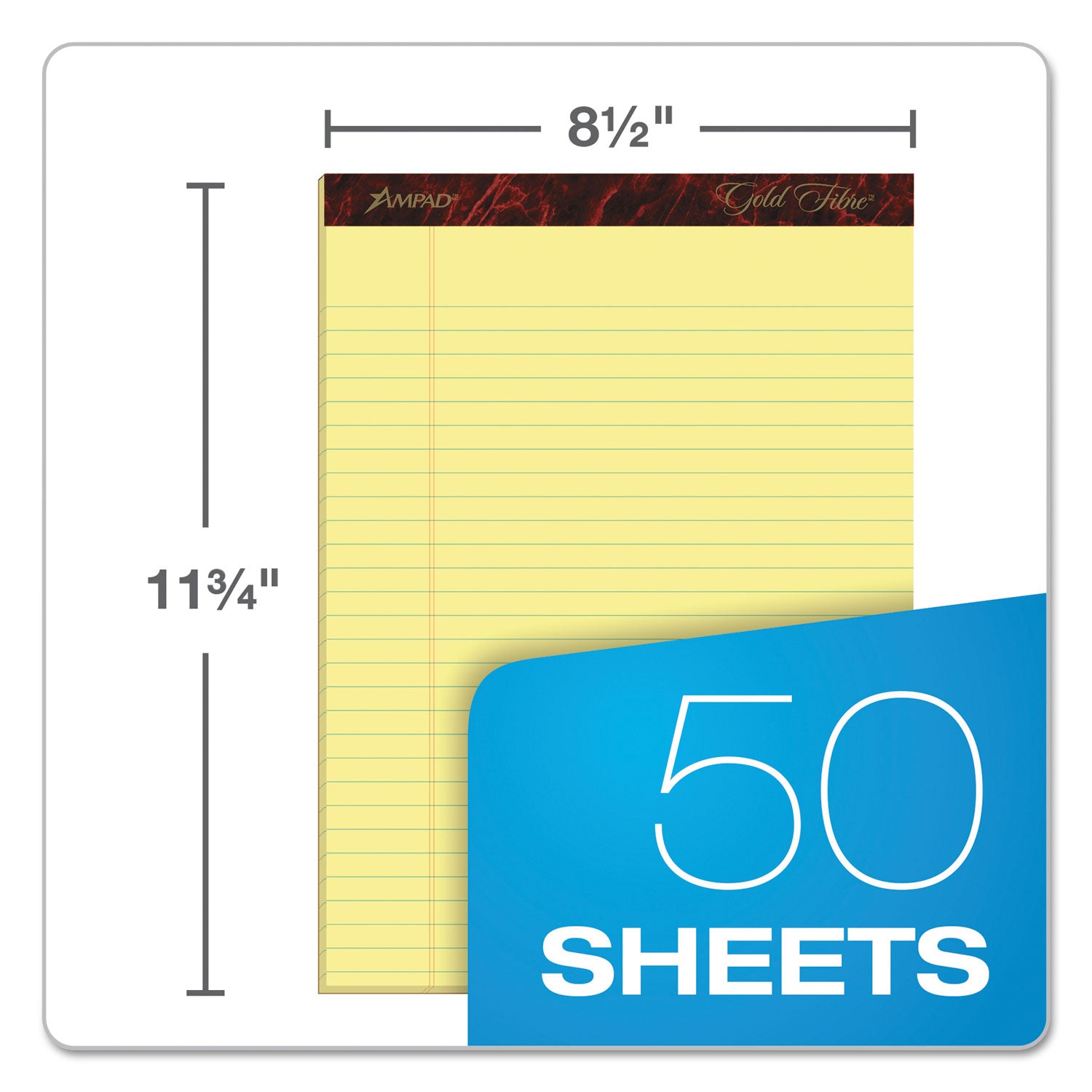 Ampad® Gold Fibre Quality Writing Pads, Wide/Legal Rule, 50 Canary-Yellow 8.5 x 11.75 Sheets, Dozen