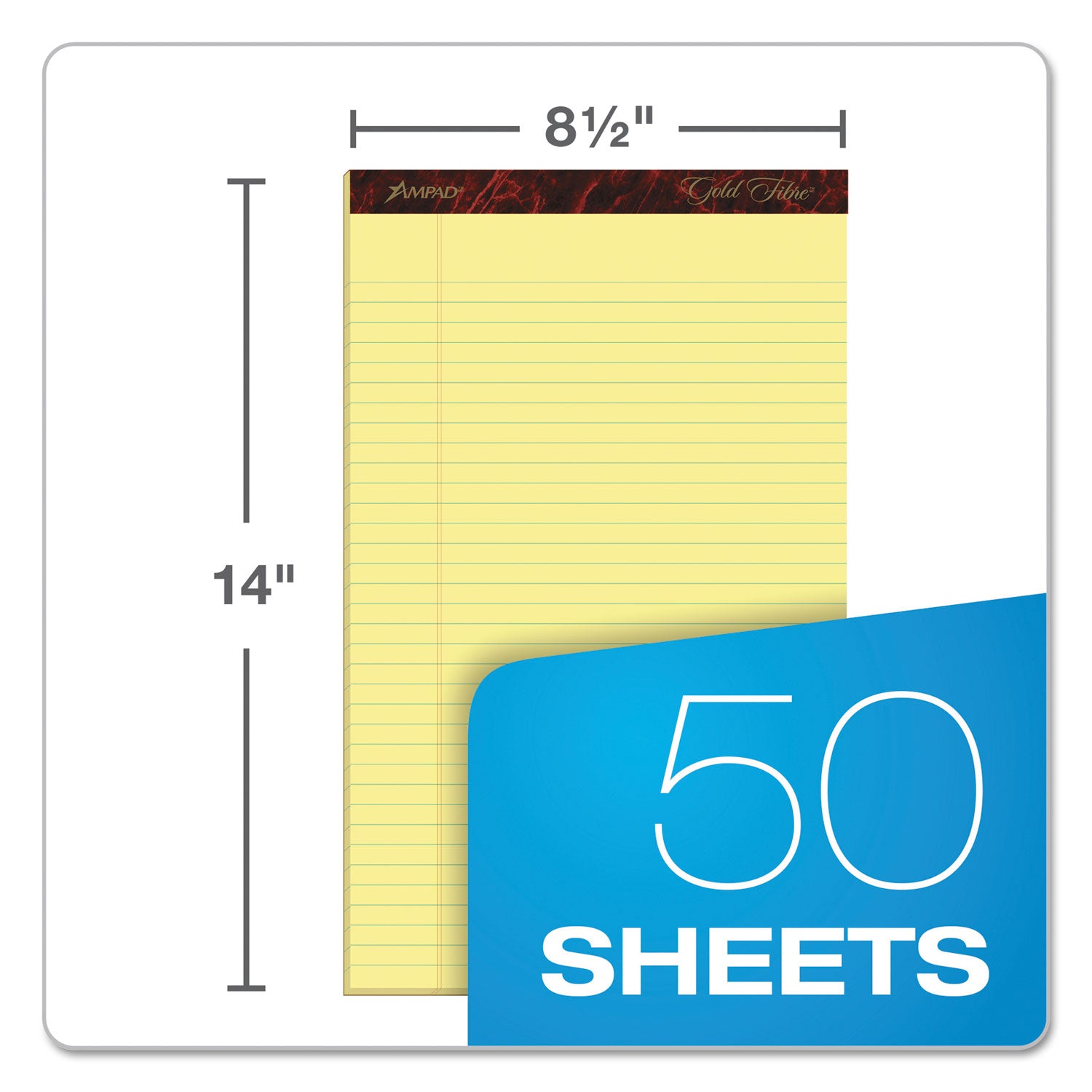 Ampad® Gold Fibre Quality Writing Pads, Wide/Legal Rule, 50 Canary-Yellow 8.5 x 14 Sheets, Dozen