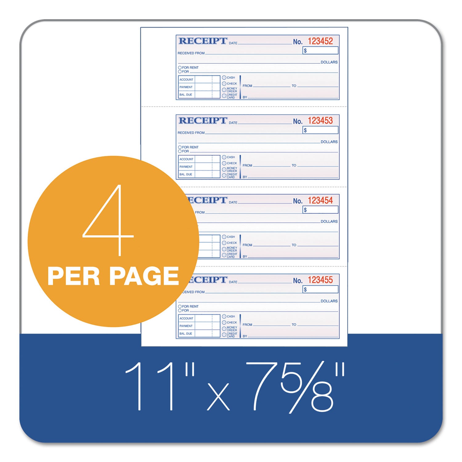 Adams® Receipt Book, Three-Part Carbonless, 7.19 x 2.75, 4 Forms/Sheet, 100 Forms Total