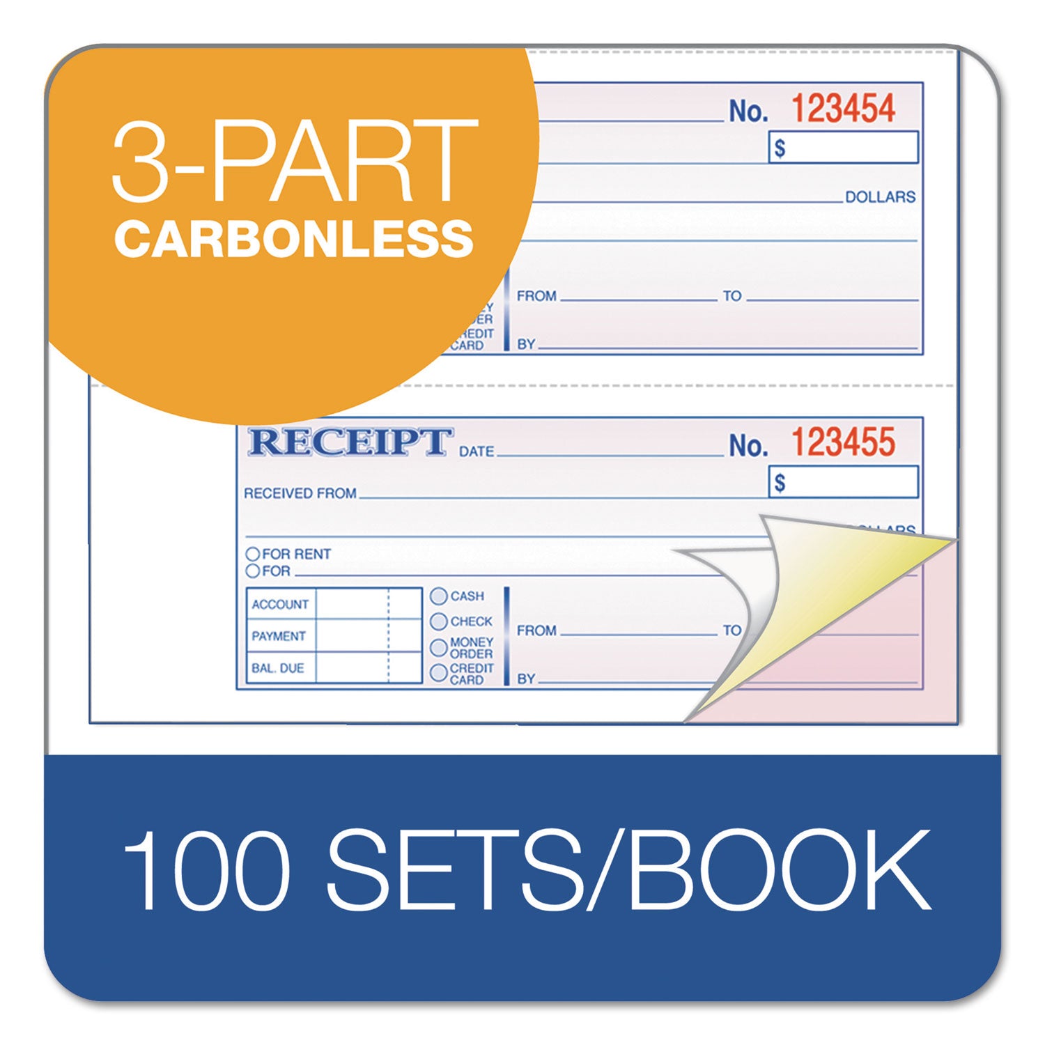 Adams® Receipt Book, Three-Part Carbonless, 7.19 x 2.75, 4 Forms/Sheet, 100 Forms Total