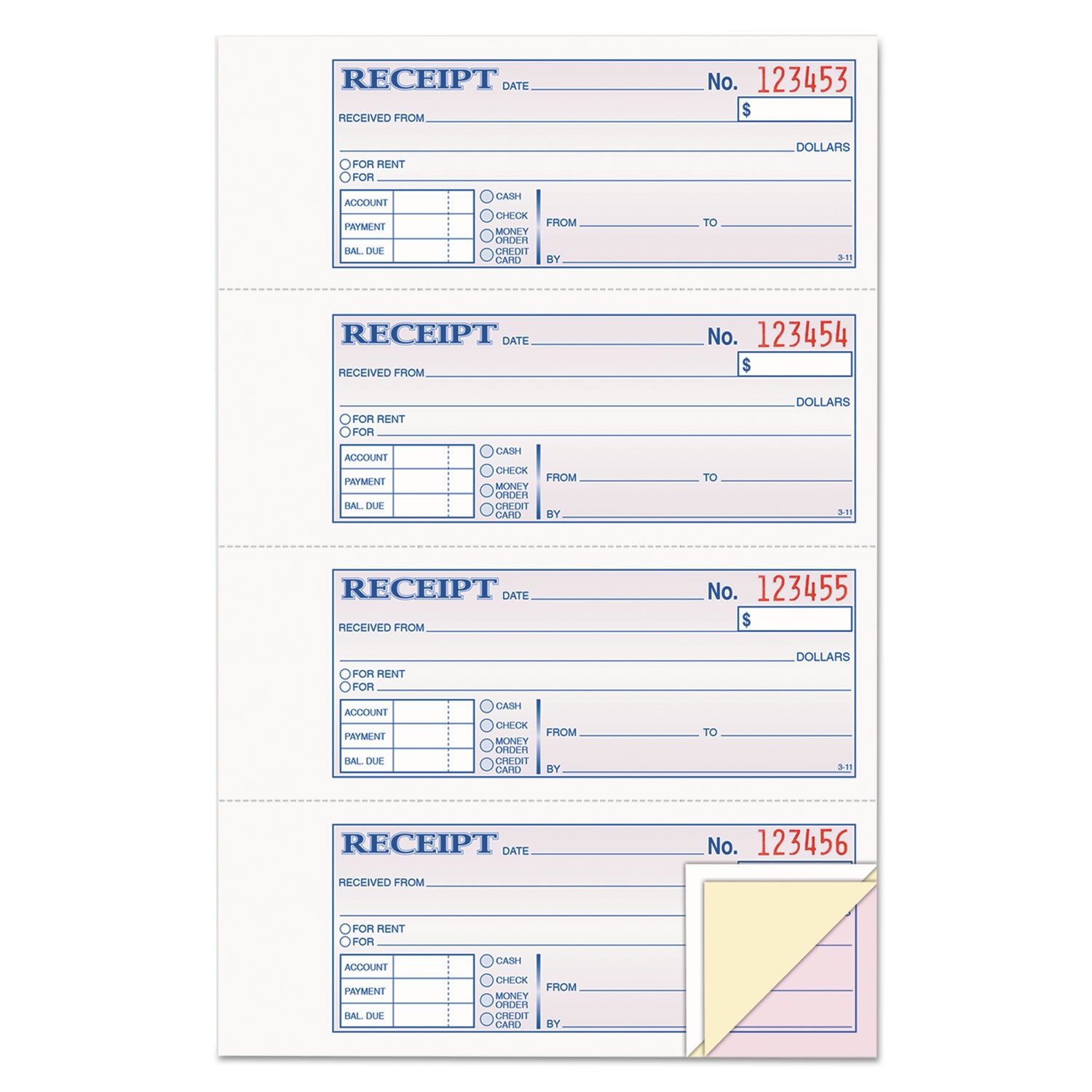 Receipt Book, Three-Part Carbonless, 7.19 x 2.75, 4 Forms/Sheet, 100 Forms Total