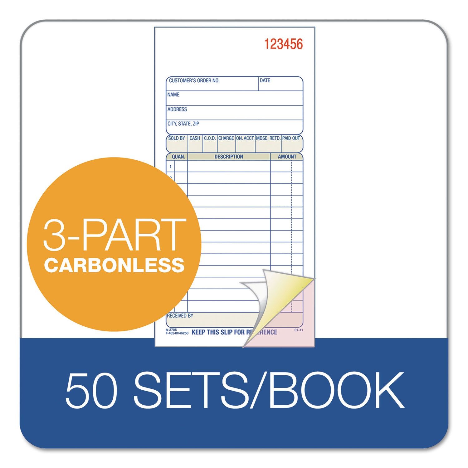 Adams® 3-Part Sales Book, Three-Part Carbonless, 3.25 x 7.13, 50 Forms Total