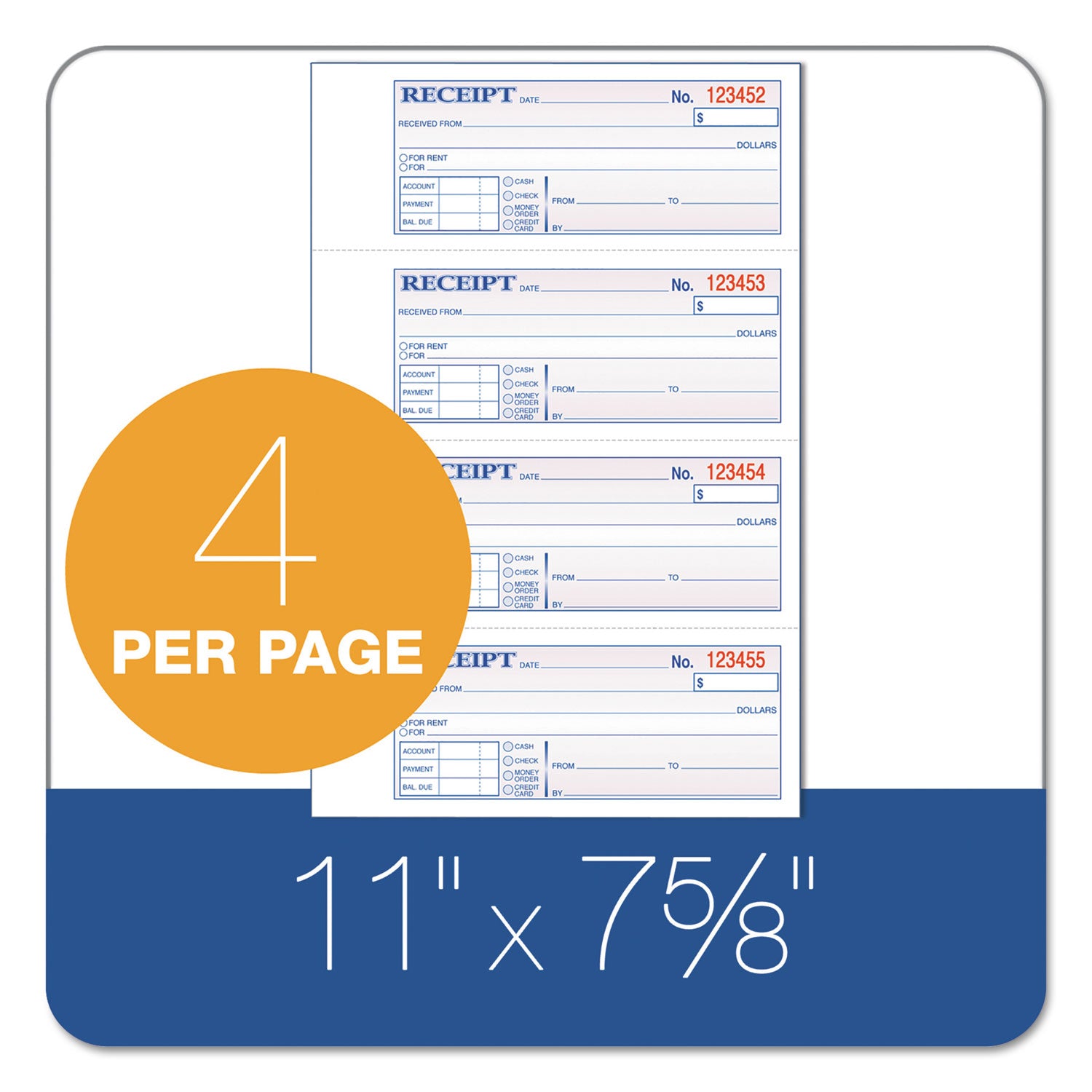 Adams® TOPS 3-Part Hardbound Receipt Book, Three-Part Carbonless, 7 x 2.75, 4 Forms/Sheet, 200 Forms Total