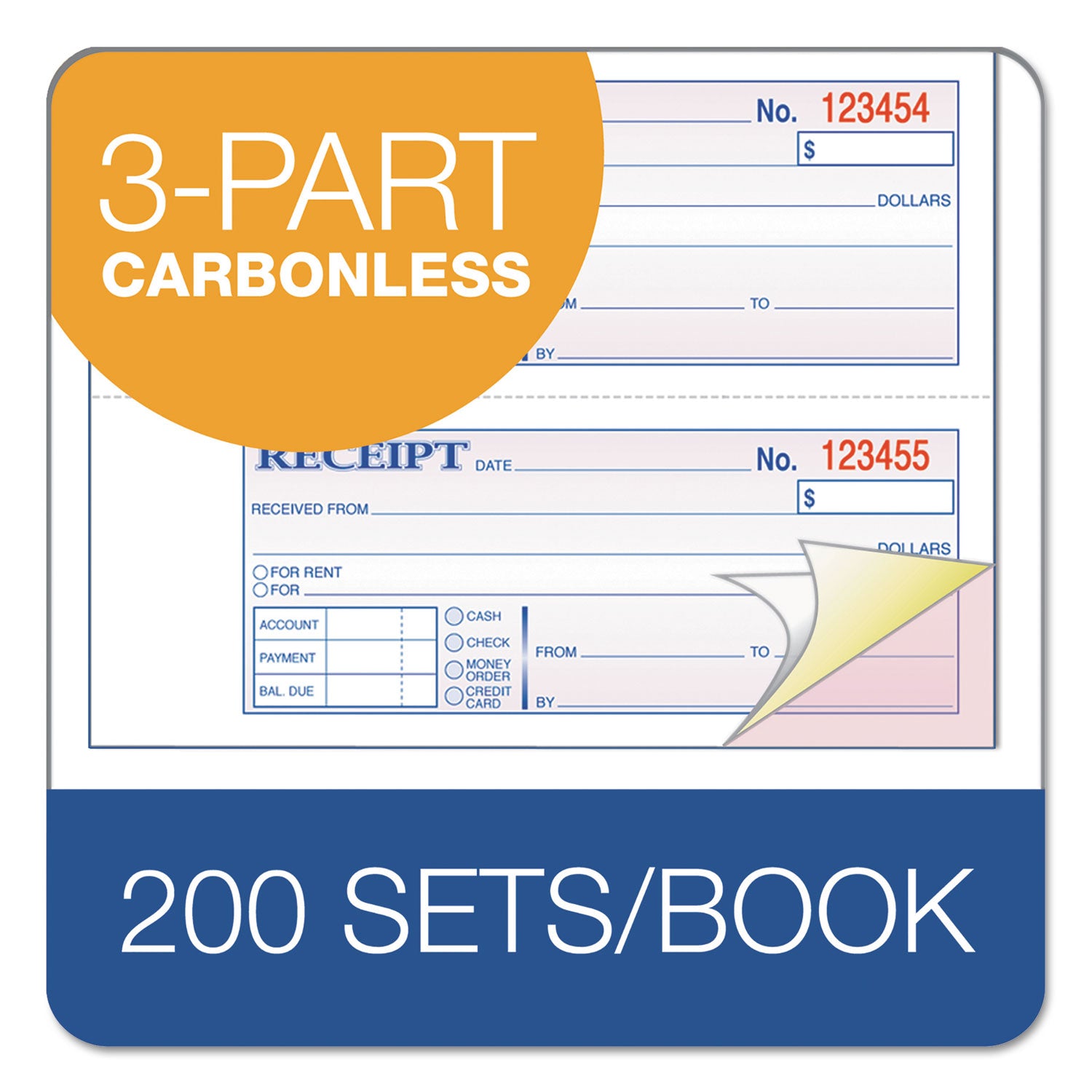 Adams® TOPS 3-Part Hardbound Receipt Book, Three-Part Carbonless, 7 x 2.75, 4 Forms/Sheet, 200 Forms Total