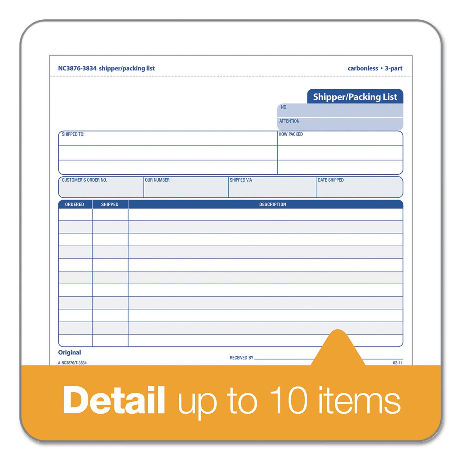 TOPS™ Triplicate Snap-Off Shipper/Packing List, Three-Part Carbonless, 8.5 x 7, 50 Forms Total