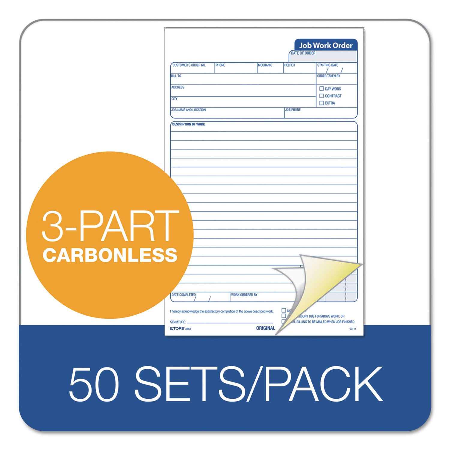 TOPS™ Job Work Order, Three-Part Carbonless, 5.66 x 8.63, 50 Forms Total