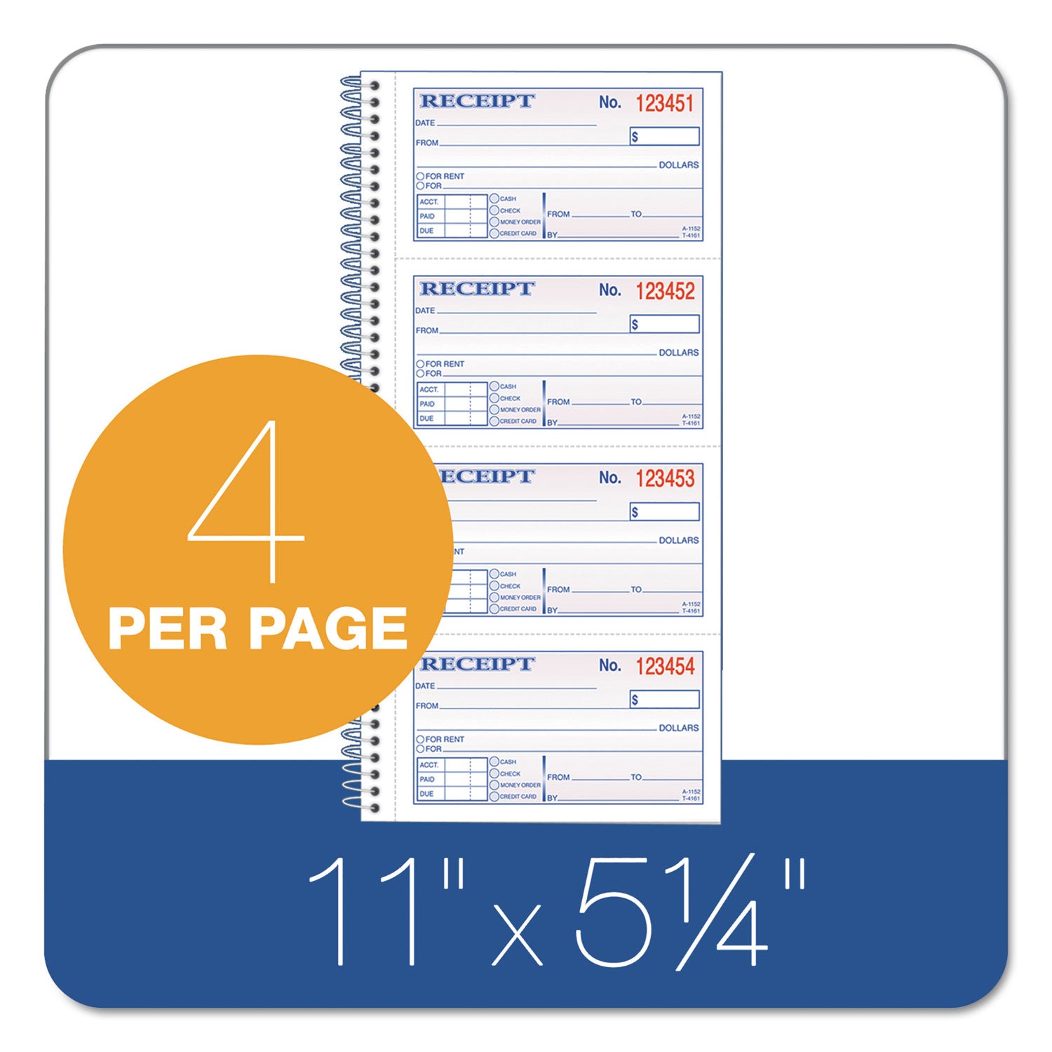 TOPS™ Spiralbound Money and Rent Receipt Book, Two-Part Carbonless, 4.75 x 2.75, 4 Forms/Sheet, 200 Forms Total