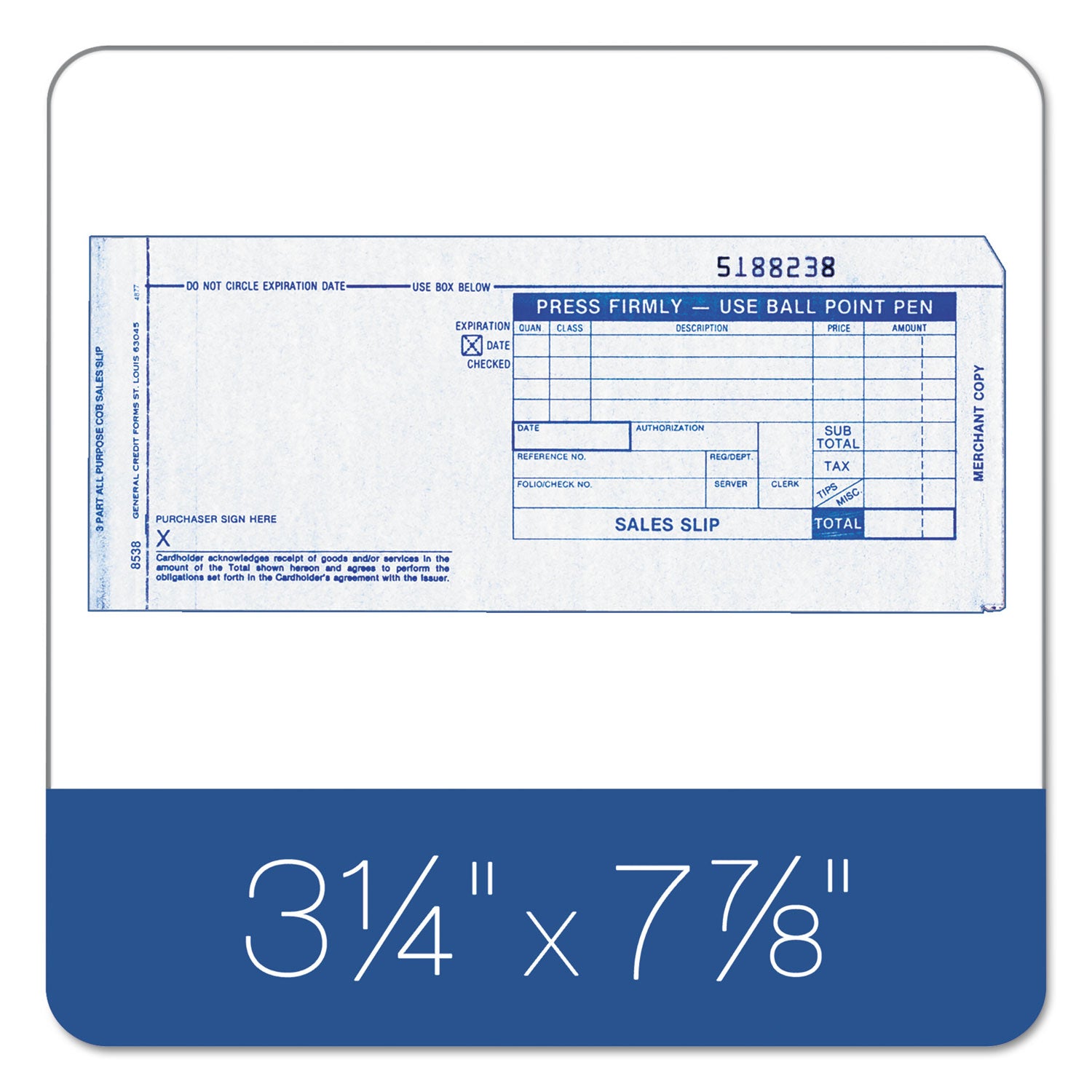 TOPS™ Credit Card Sales Slip, Three-Part Carbonless, 7.78 x 3.25, 100 Forms Total