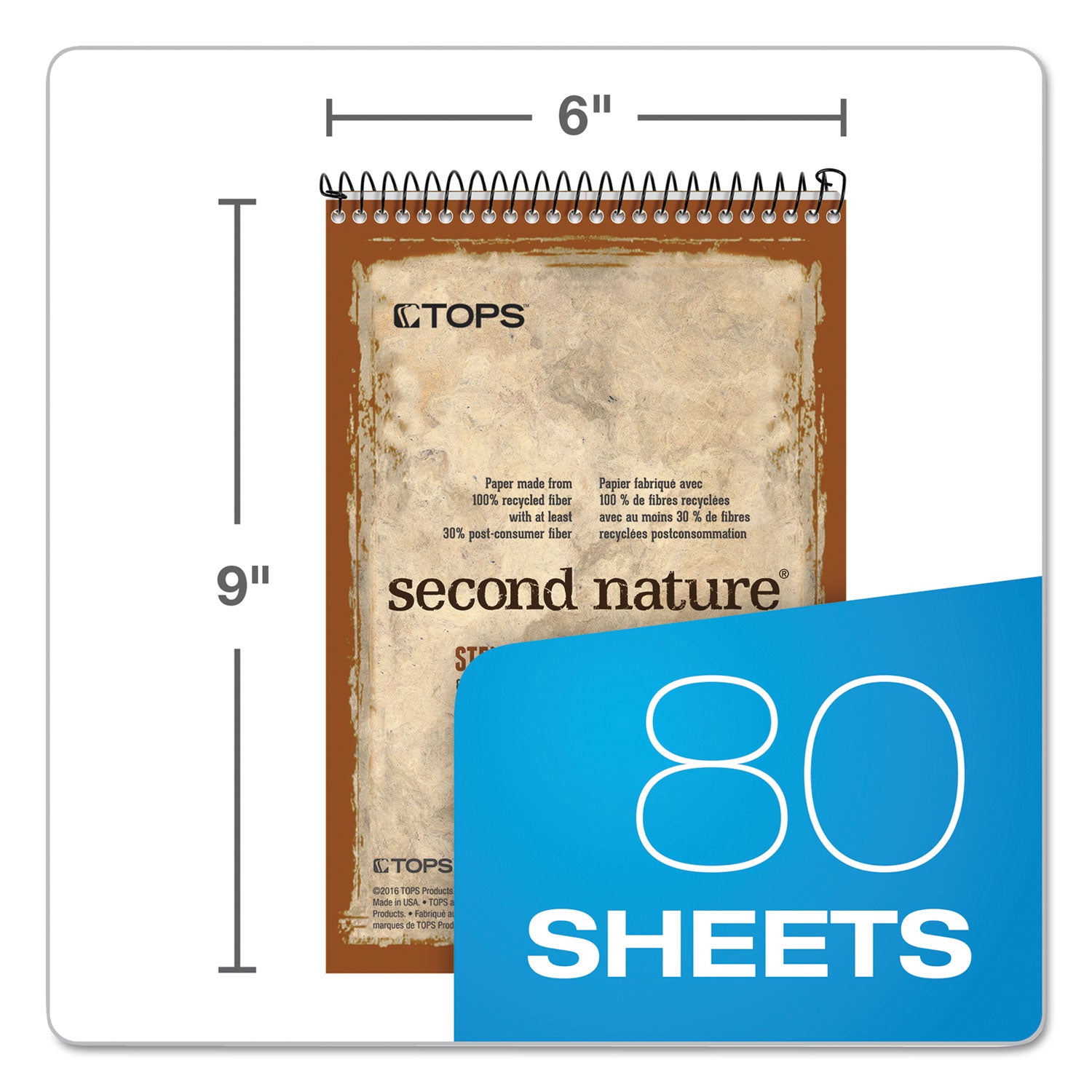 TOPS™ Second Nature Recycled Notepads, Gregg Rule, Brown Cover, 80 White 6 x 9 Sheets