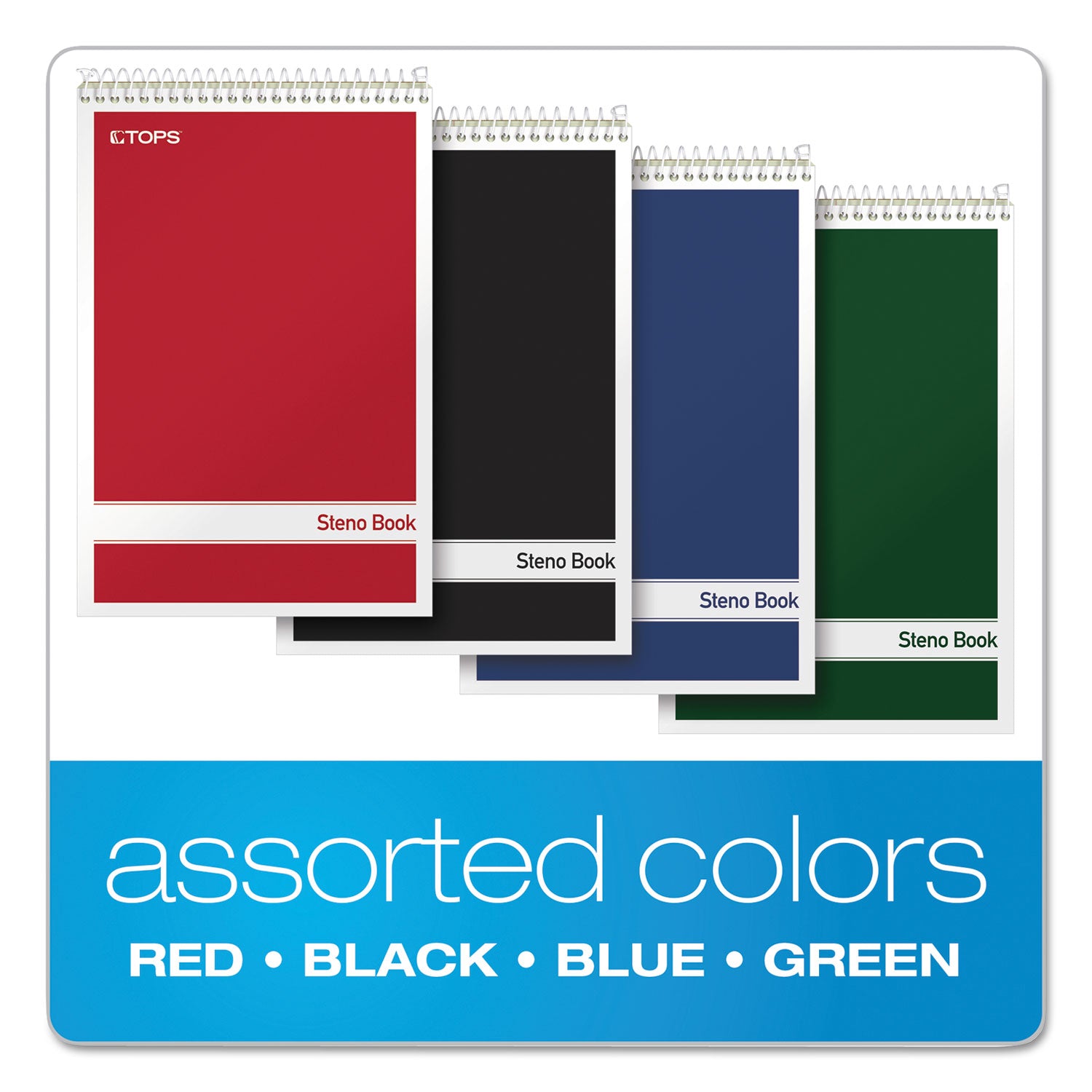 TOPS™ Steno Pad, Gregg Rule, Assorted Cover Colors, 80 Green-Tint 6 X 9 Sheets, 4/pack