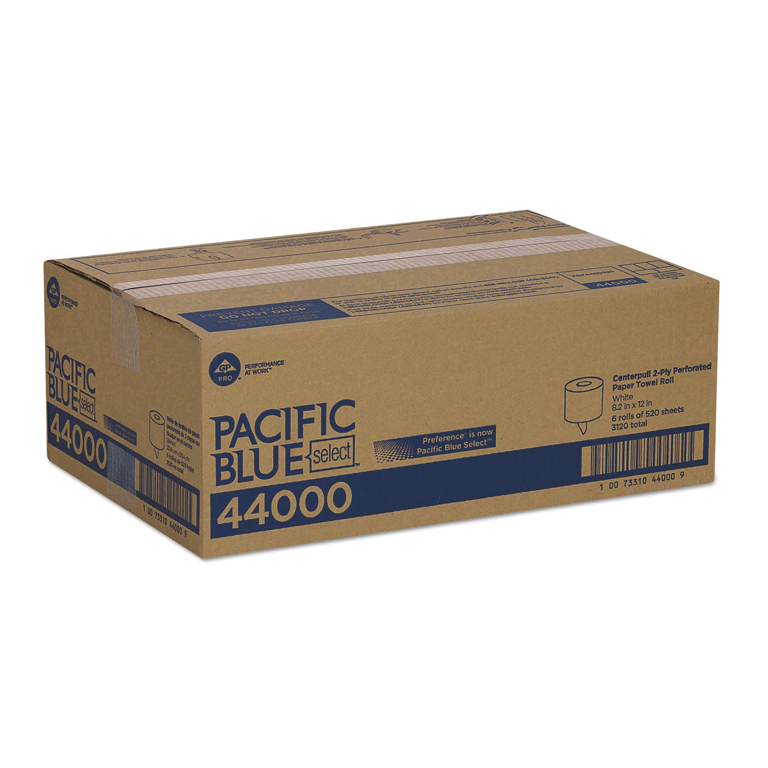 Pacific Blue Select 2-Ply Center-Pull Perf Wipers, 2-Ply, 8.25 x 12, White, 520/Roll, 6 Rolls/Carton