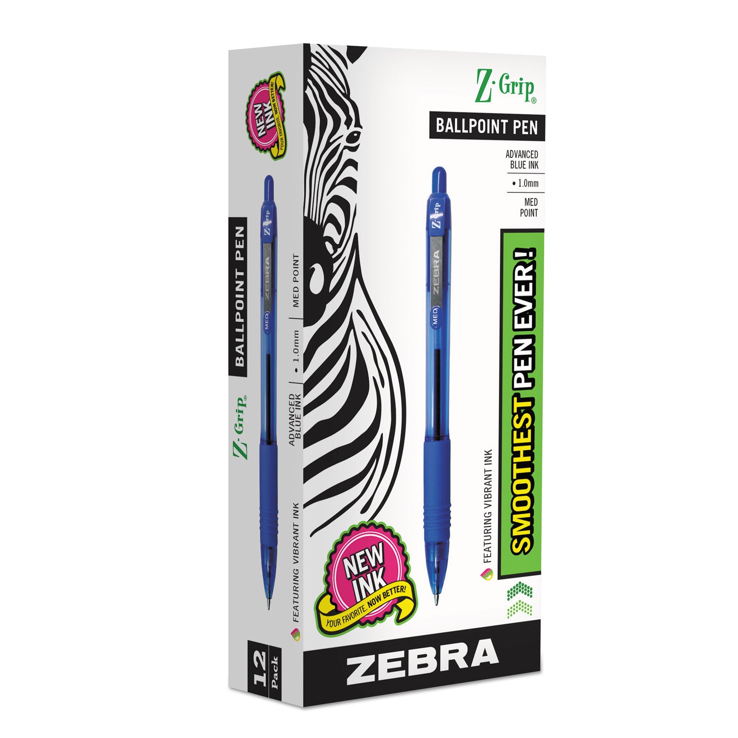 Zebra® Z-Grip Ballpoint Pen, Retractable, Medium 1 mm, Blue Ink, Translucent Blue/Blue Barrel, 12/Pack