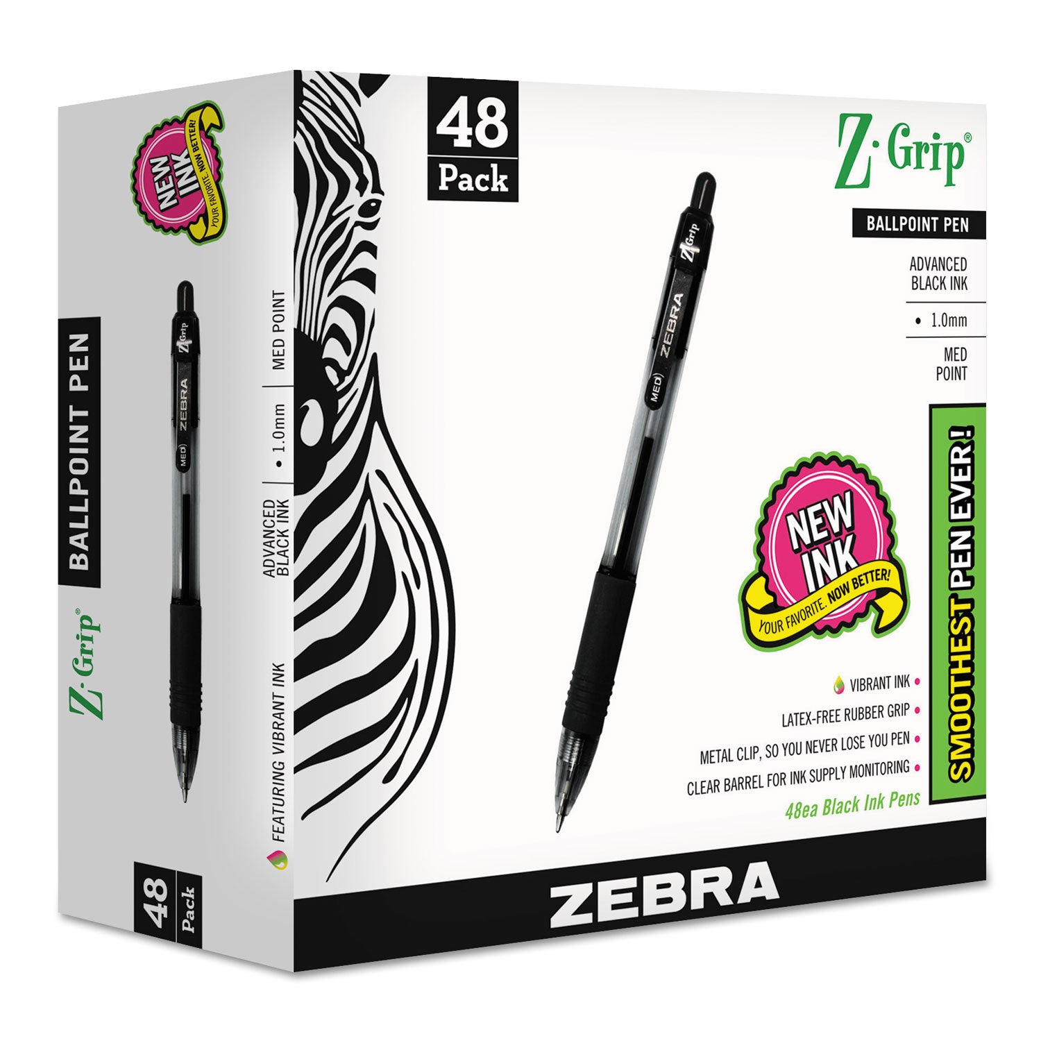 Zebra® Z-Grip Ballpoint Pen, Retractable, Medium 1 mm, Black Ink, Clear/Black Barrel, 48/Pack