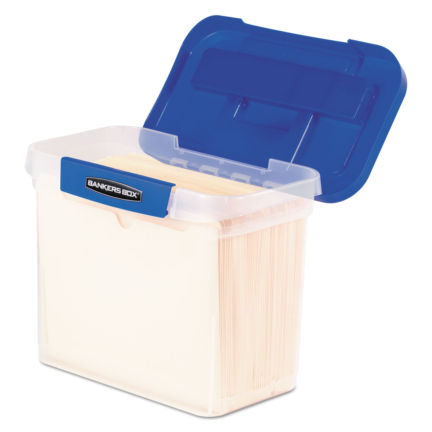 Bankers Box® Heavy-Duty Portable File Box, Letter Files, 14.25" x 8.63" x 11.06", Clear/Blue