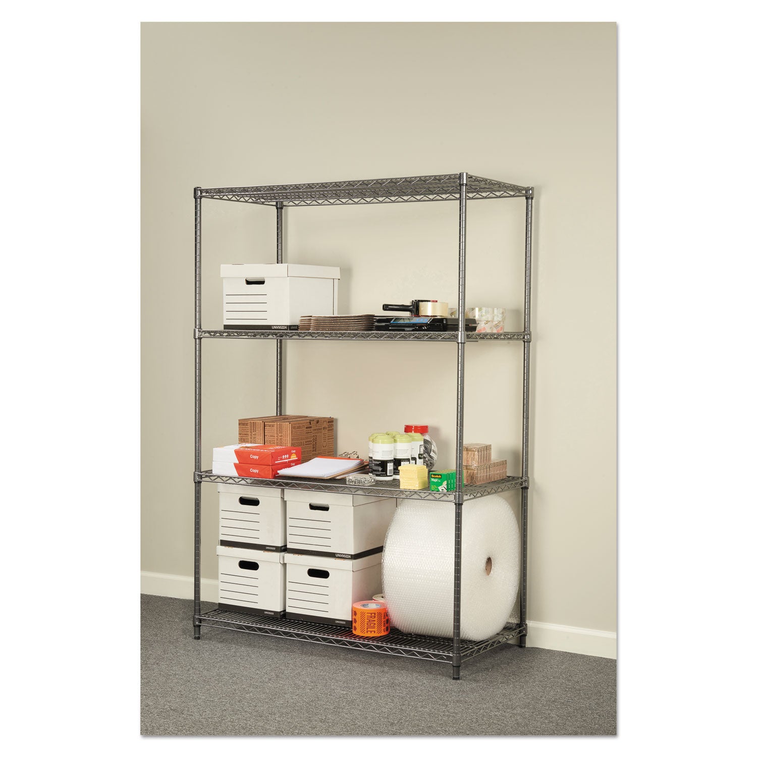 Alera® Wire Shelving Starter Kit, Four-Shelf, 48w x 24d x 72h, Black Anthracite