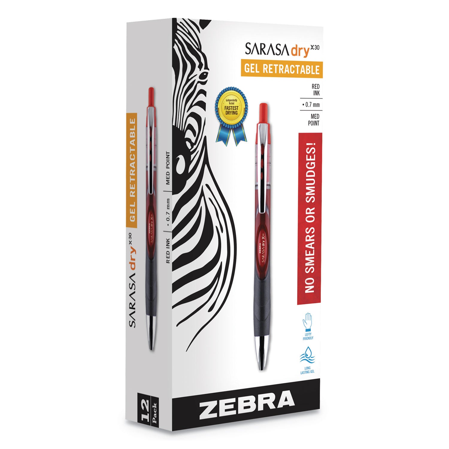 Zebra® Sarasa Dry Gel X30 Gel Pen, Retractable, Medium 0.7 mm, Red Ink, Red/Black/Silver Barrel, 12/Pack