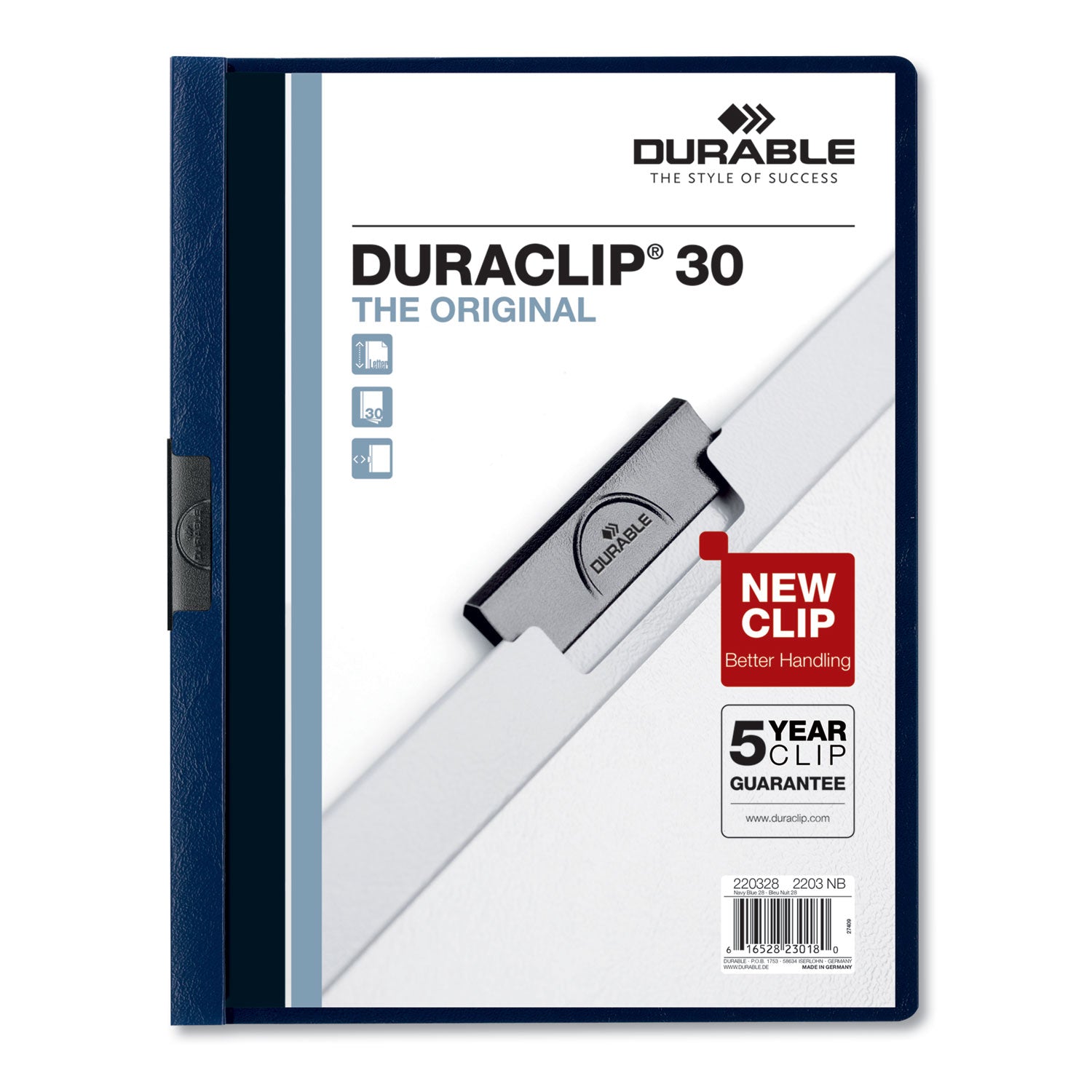 DuraClip Report Cover, Clip Fastener, 8.5 x 11, Clear/Navy, 25/Box