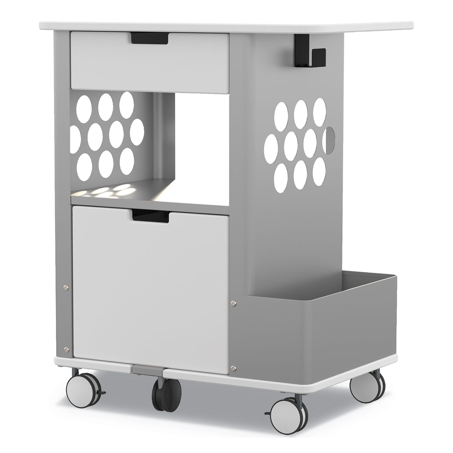 Mobile Storage Cart, Metal, 2 Shelves, 2 Drawers, 1 Bin, 150 lb Capacity, 28" x 20" x 33.5", White