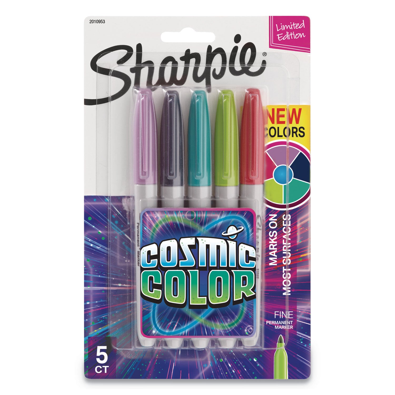 Cosmic Color Permanent Markers, Medium Bullet Tip, Assorted Cosmic Colors, 5/Pack