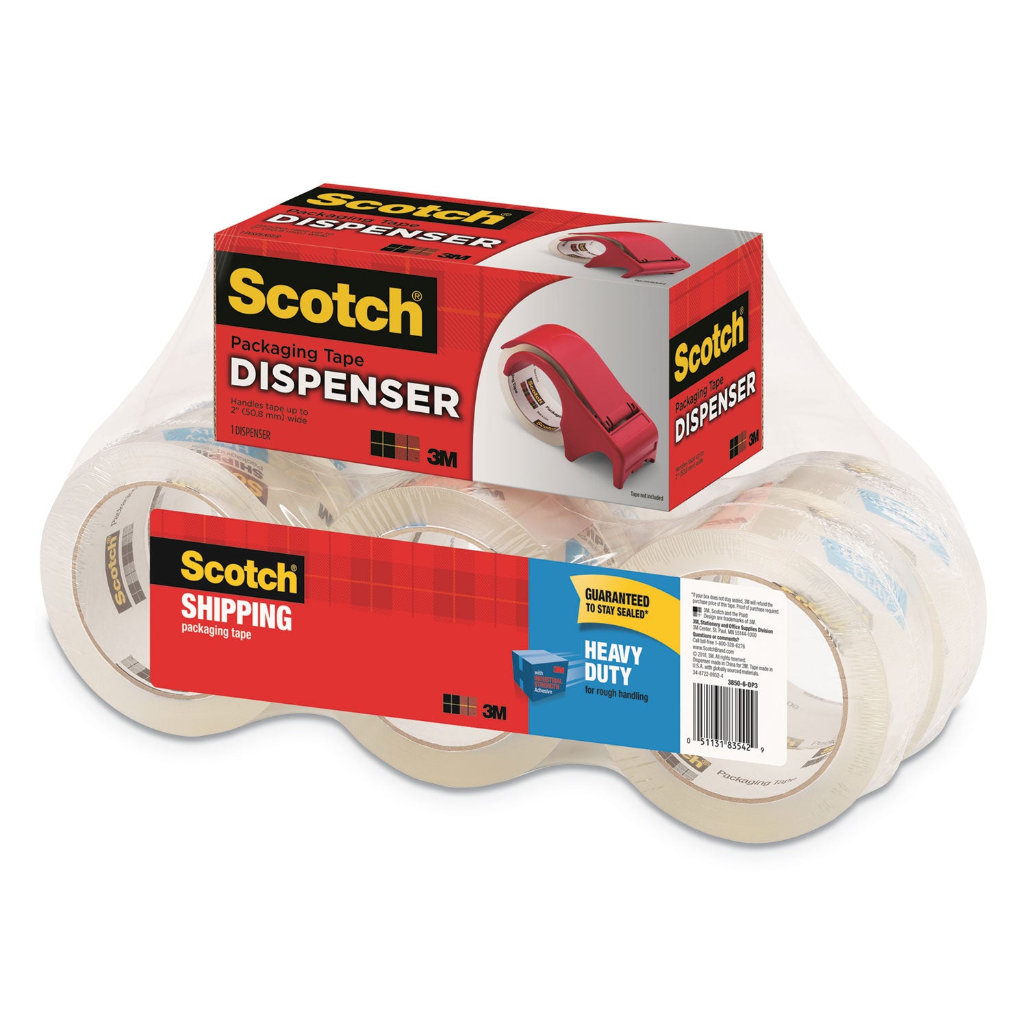 Scotch® 3850 Heavy-Duty Packaging Tape with DP300 Dispenser, 3" Core, 1.88" x 54.6 yds, Clear, 6/Pack