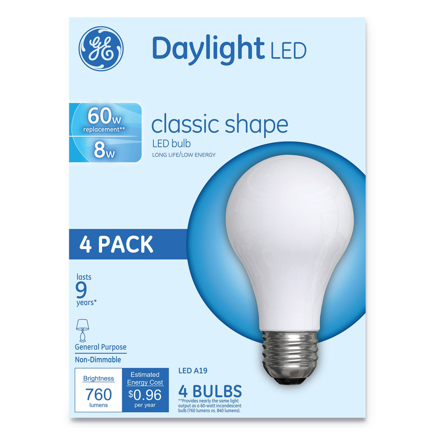 Classic LED Non-Dim A19 Light Bulb, 8 W, Daylight, 4/Pack