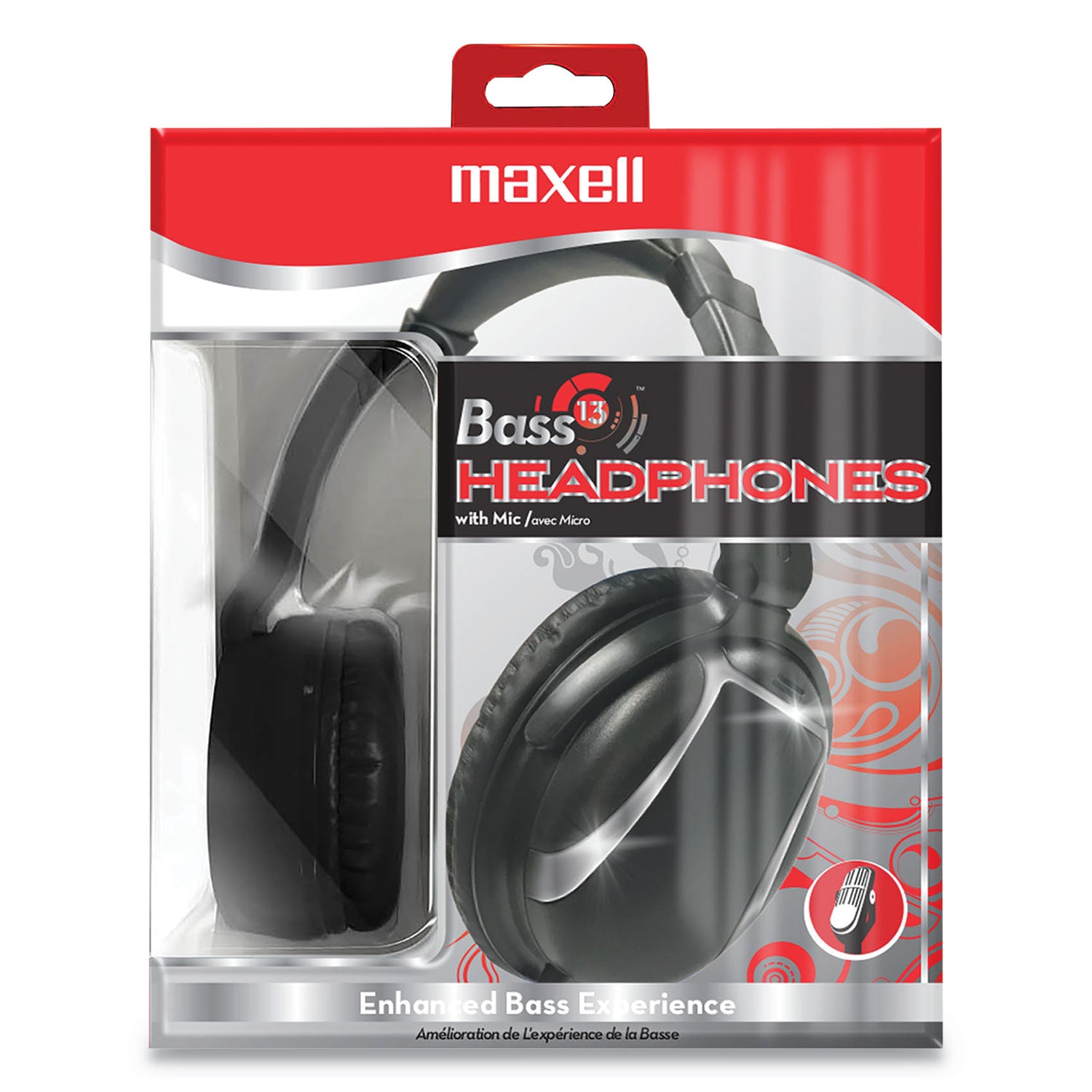 Maxell® Bass 13 Headphone with Mic, 4 ft Cord, Black