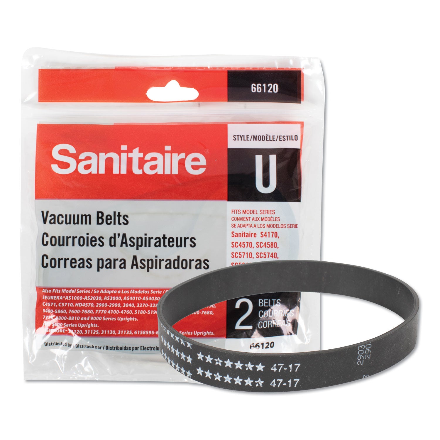 Replacement Belt for Upright Vacuum Cleaner, Flat U Style, 2/Pack