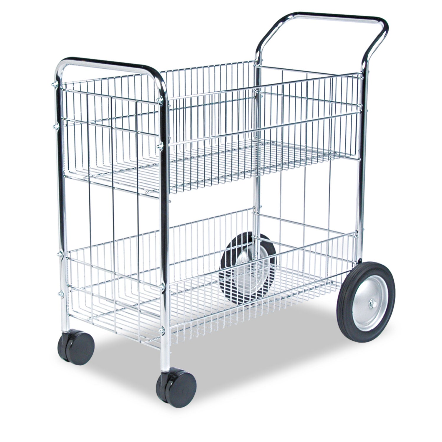 Wire Mail Cart, Metal, 2 Bins, 21.5" x 37.5" x 39.5", Chrome