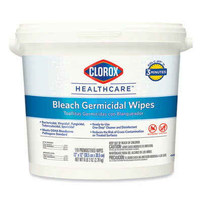 CLOROX SALES CO. Bleach Germicidal Wipes, 1-Ply, 12 x 12, Unscented, White, 110/Bucket - Flipcost